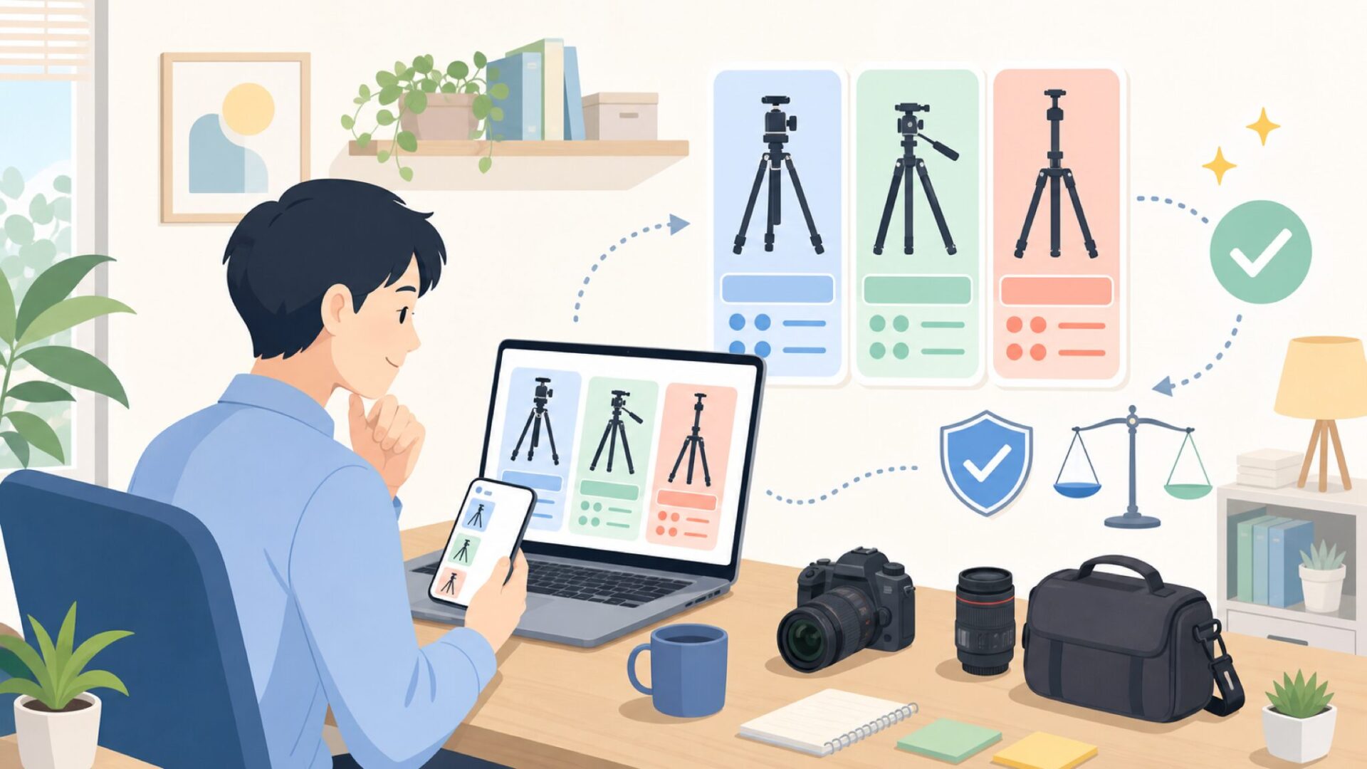 用途別に見るFotopro三脚の選び方を表すイラスト
