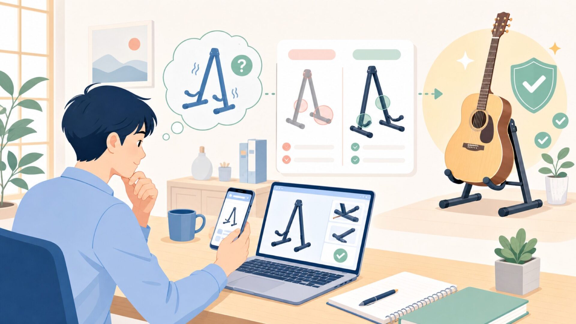 スペックで確認するCAHAYAギタースタンドの安定性と楽器保護を表すイラスト