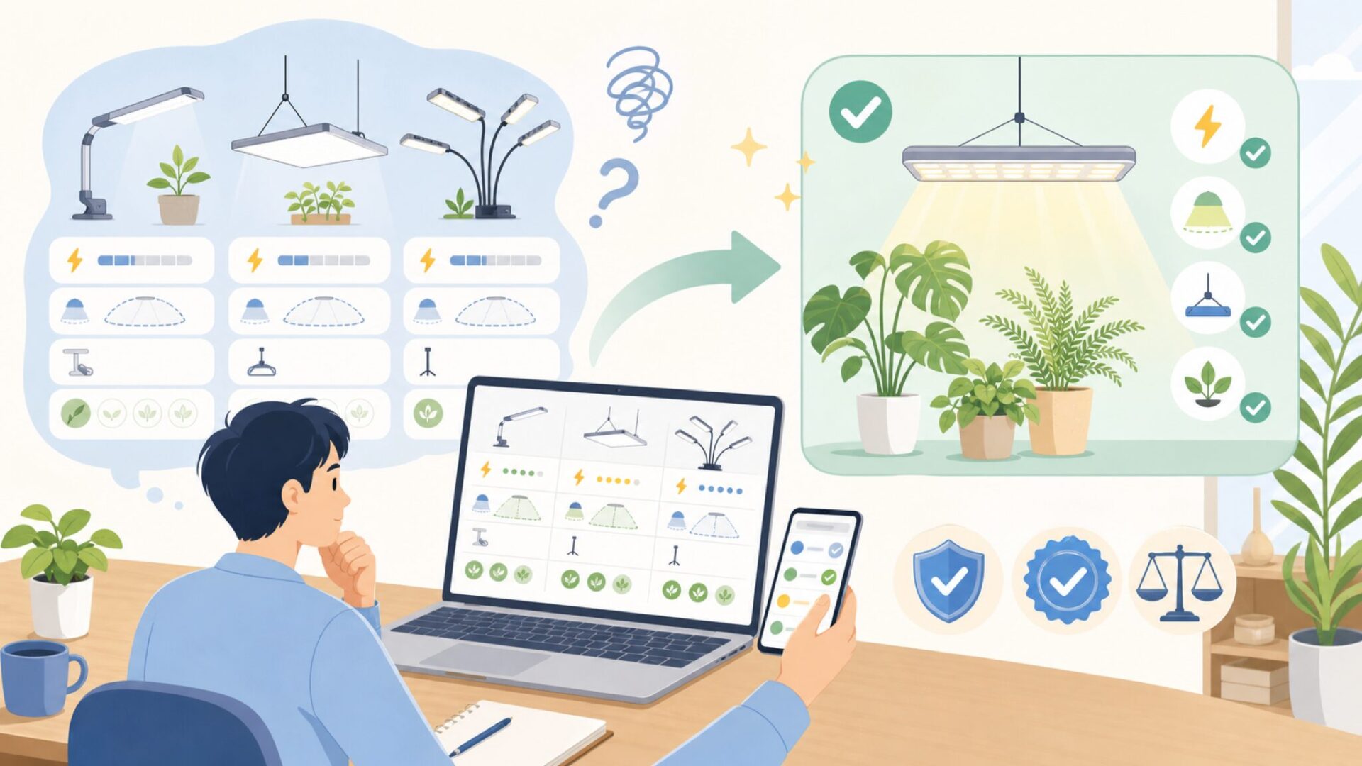 SANSI植物育成ライトの仕様で確認すべきポイントを表すイラスト