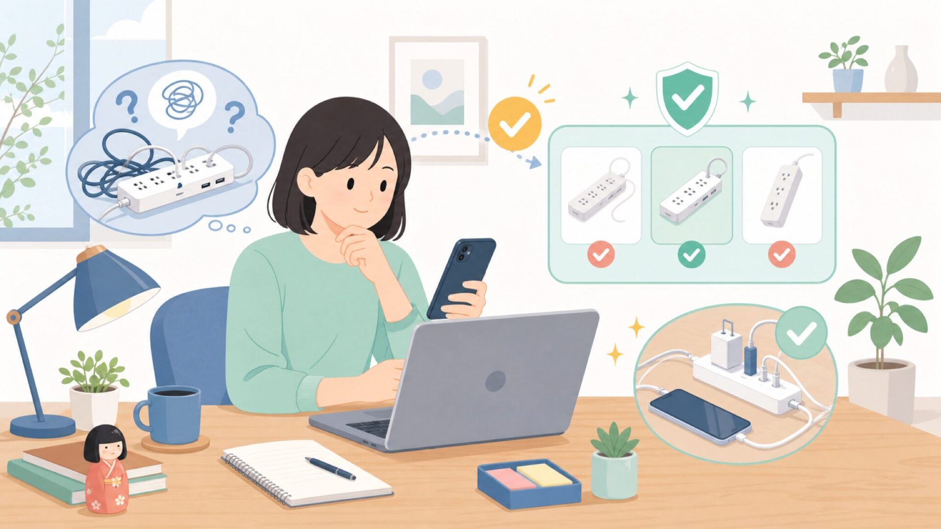 Addtam電源タップの機能と使い勝手をチェックを表すイラスト