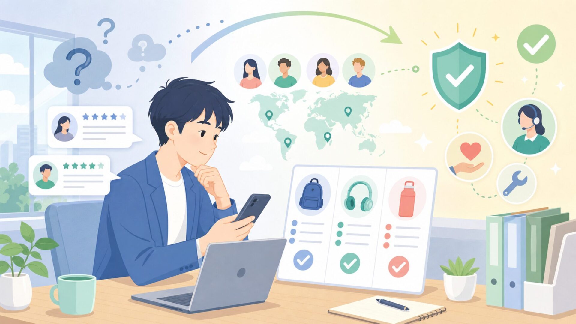 海外ユーザーの声とサポート体制から見る信頼性を表すイラスト