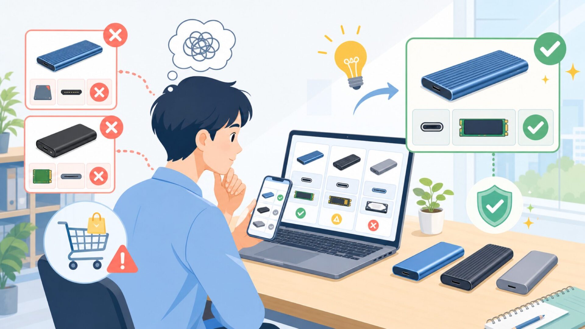 SABRENT SSDケースの種類とスペックの選び方を表すイラスト