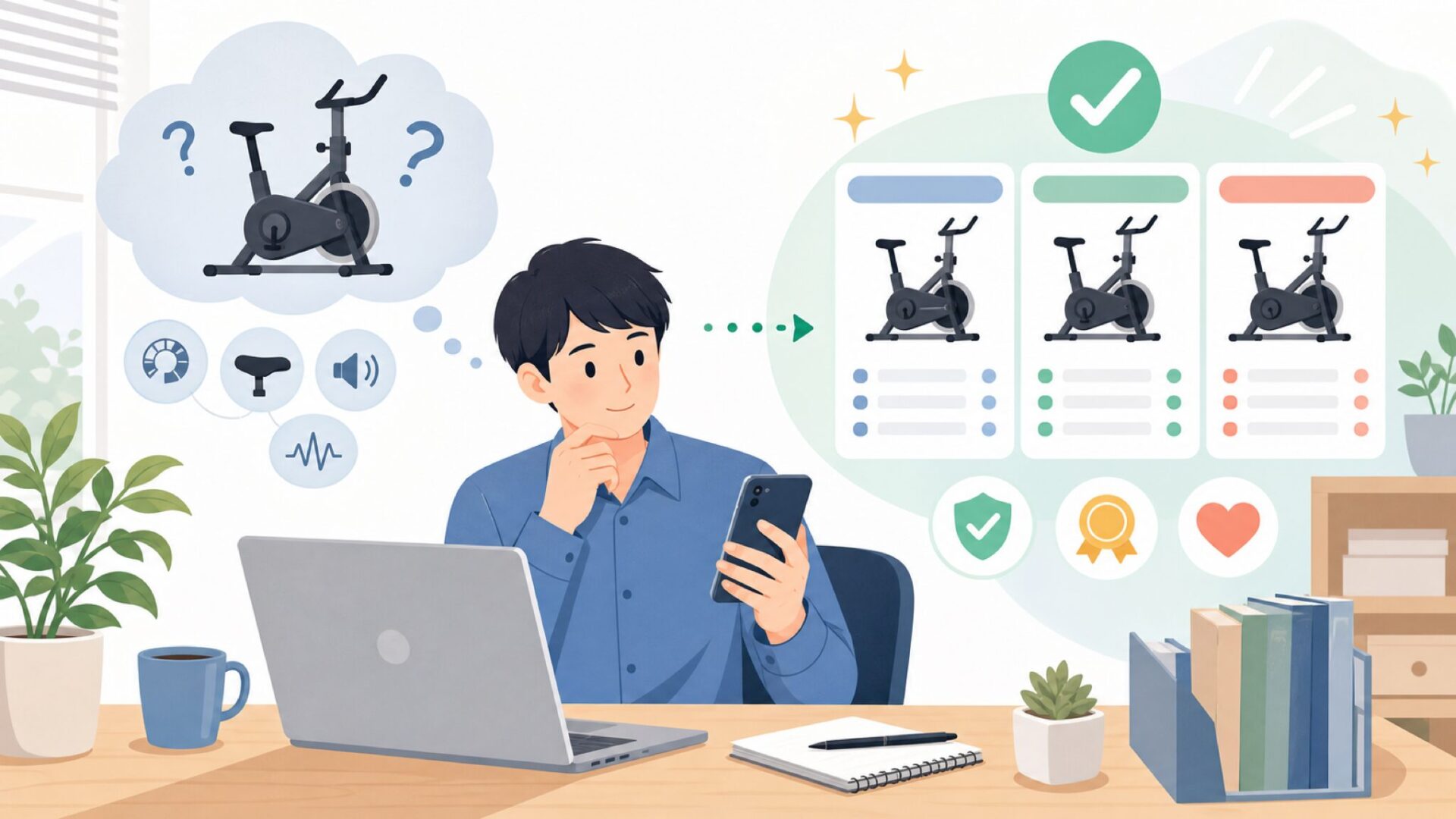 DMASUNフィットネスバイクの特徴とスペックを確認を表すイラスト