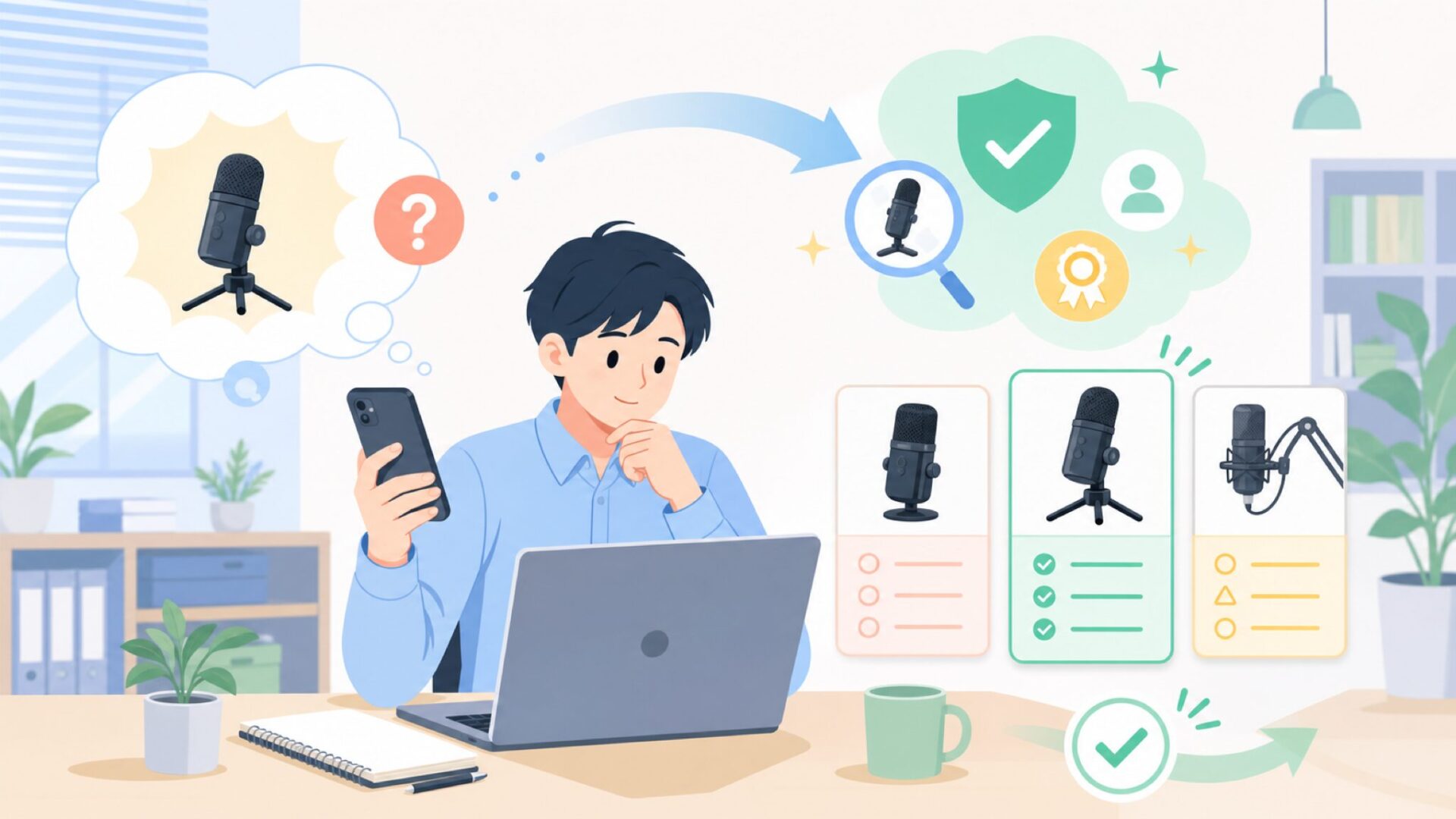 Movoマイクは怪しい?信頼度をチェックする視点を表すイラスト