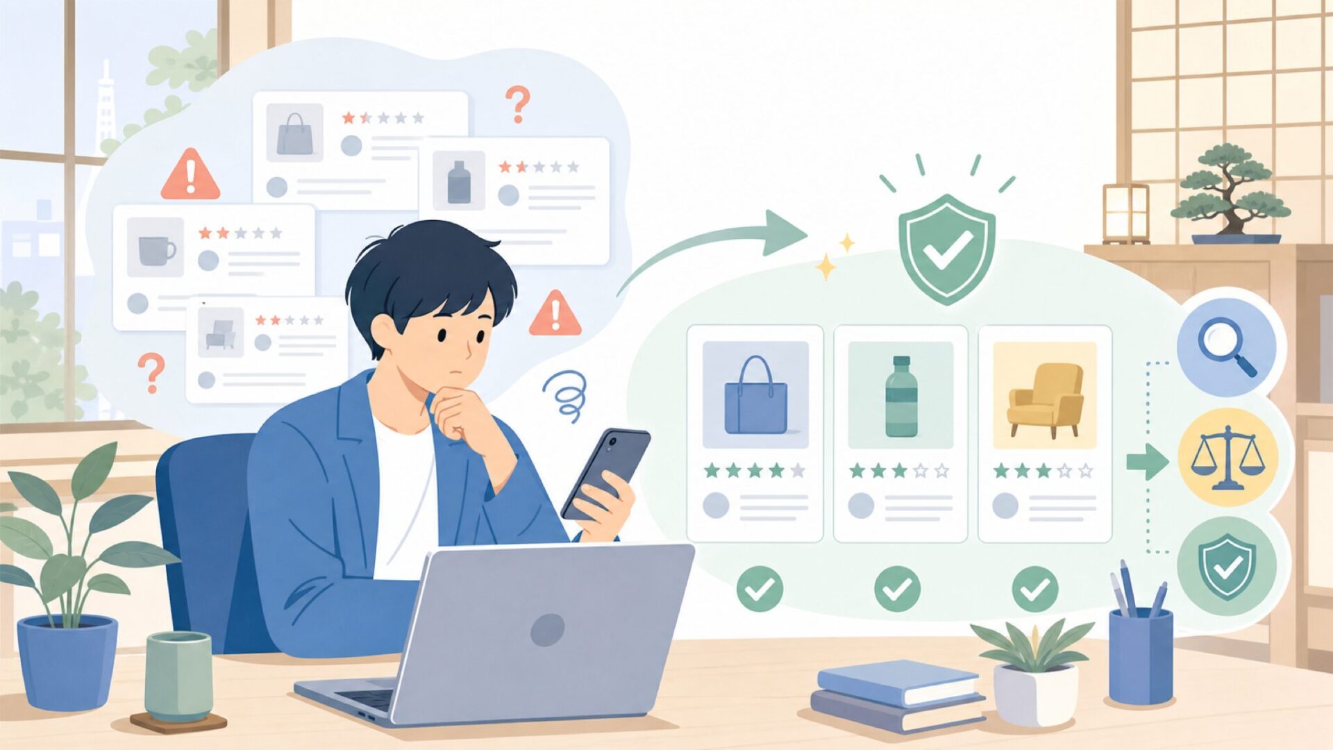 レビューは信頼できる？サクラレビューとの向き合い方を表すイラスト