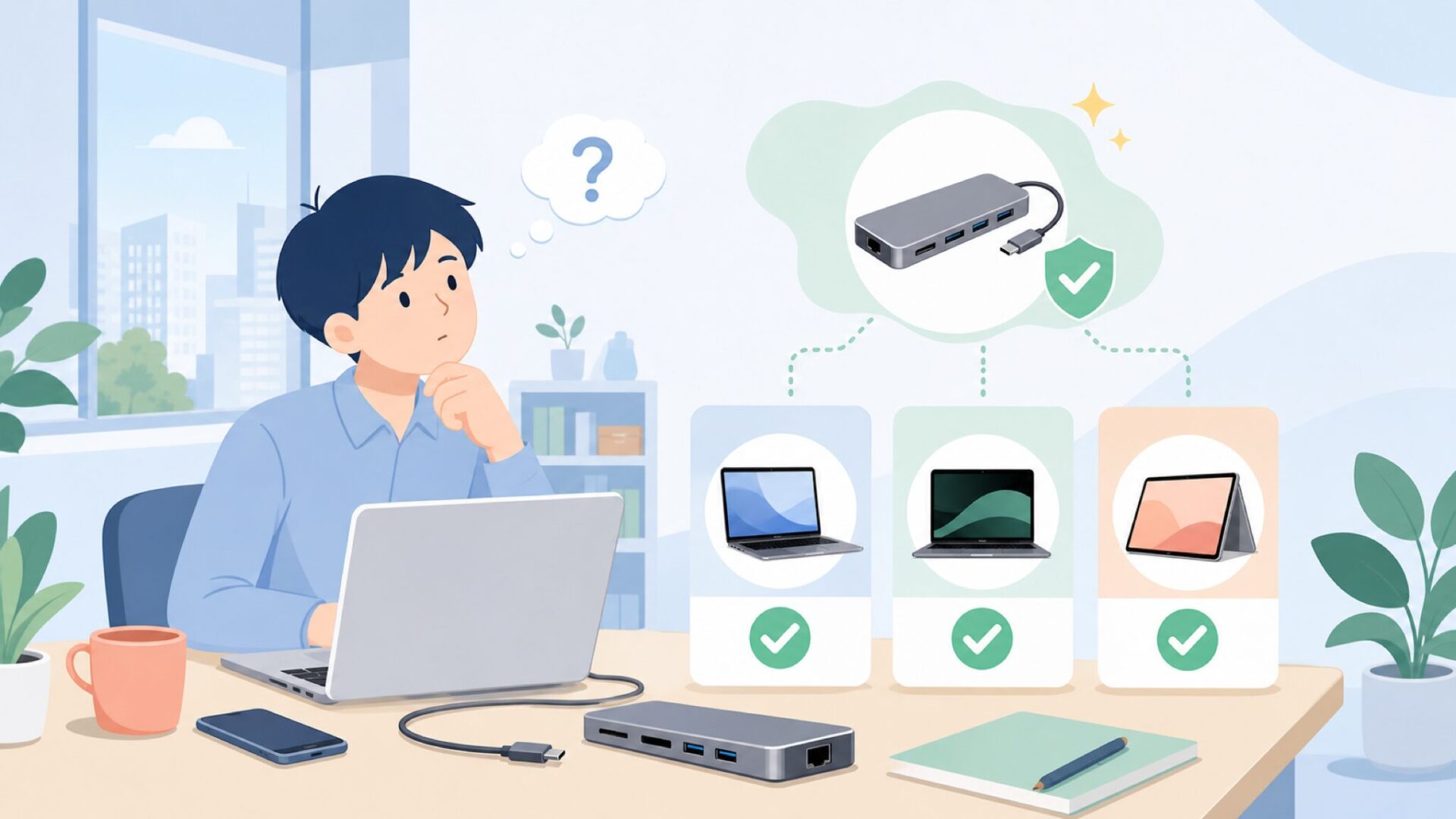 MacBookやノートPCでSeloreハブは使えるのかを表すイラスト