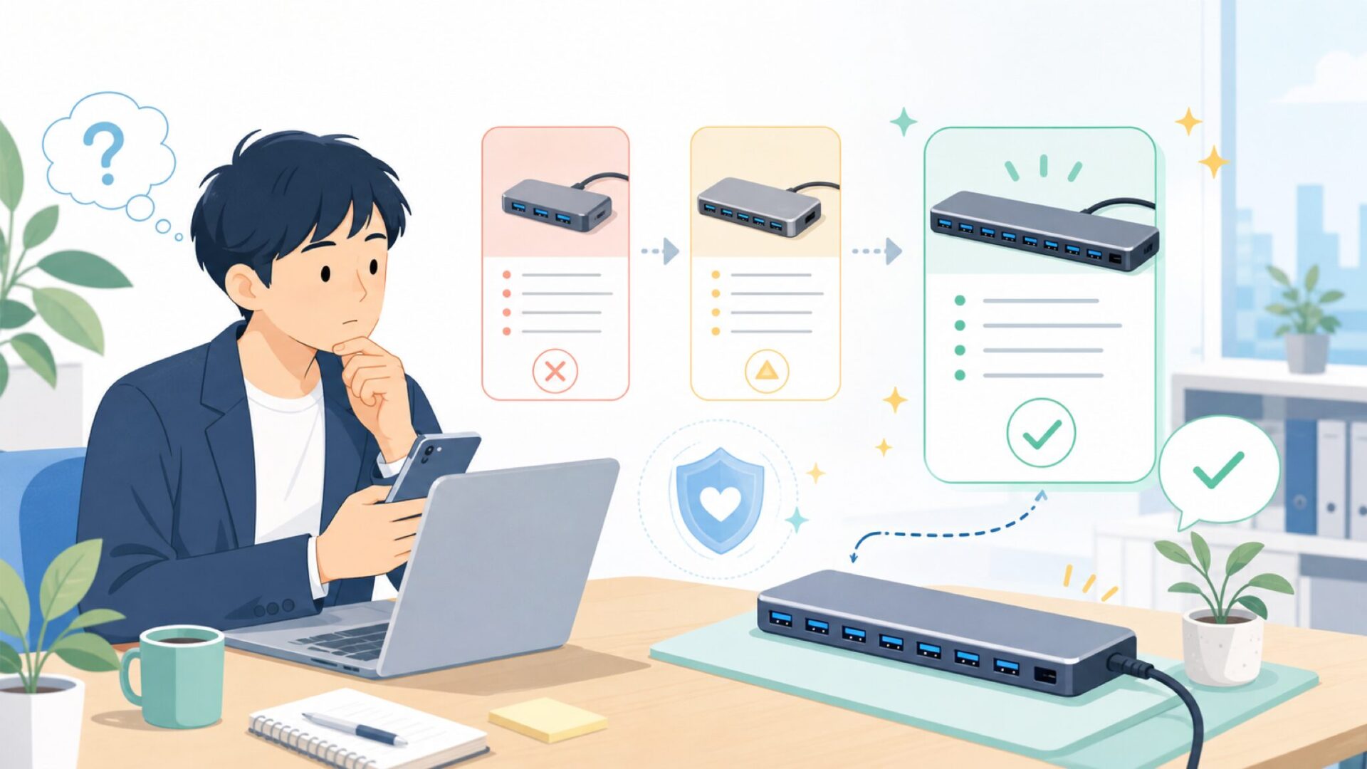7ポートUSBハブとしてのスペックを確認するを表すイラスト