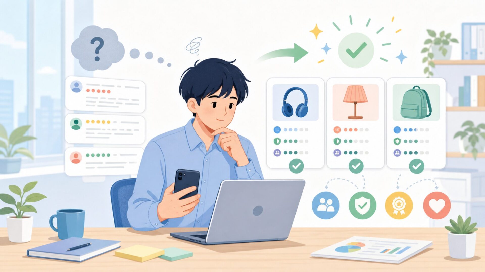 レビュー・評判はどこまで信じていいかを表すイラスト