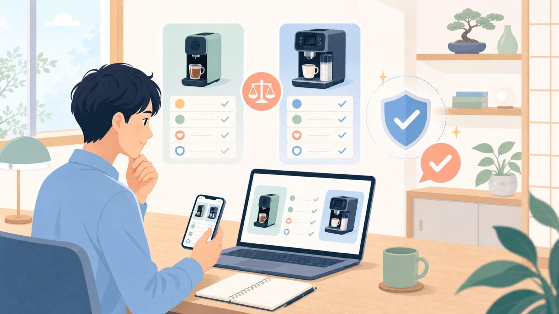 デロンギや全自動コーヒーマシンと比べたときの納得材料を表すイラスト