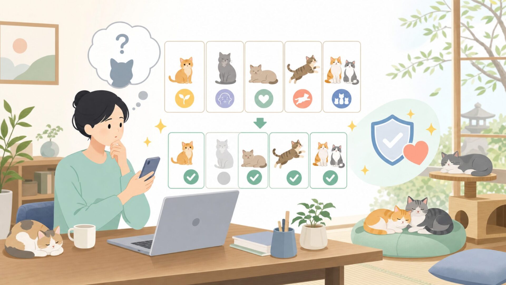 猫の年齢・性格・多頭飼いで選ぶタイプ別ポイントを表すイラスト