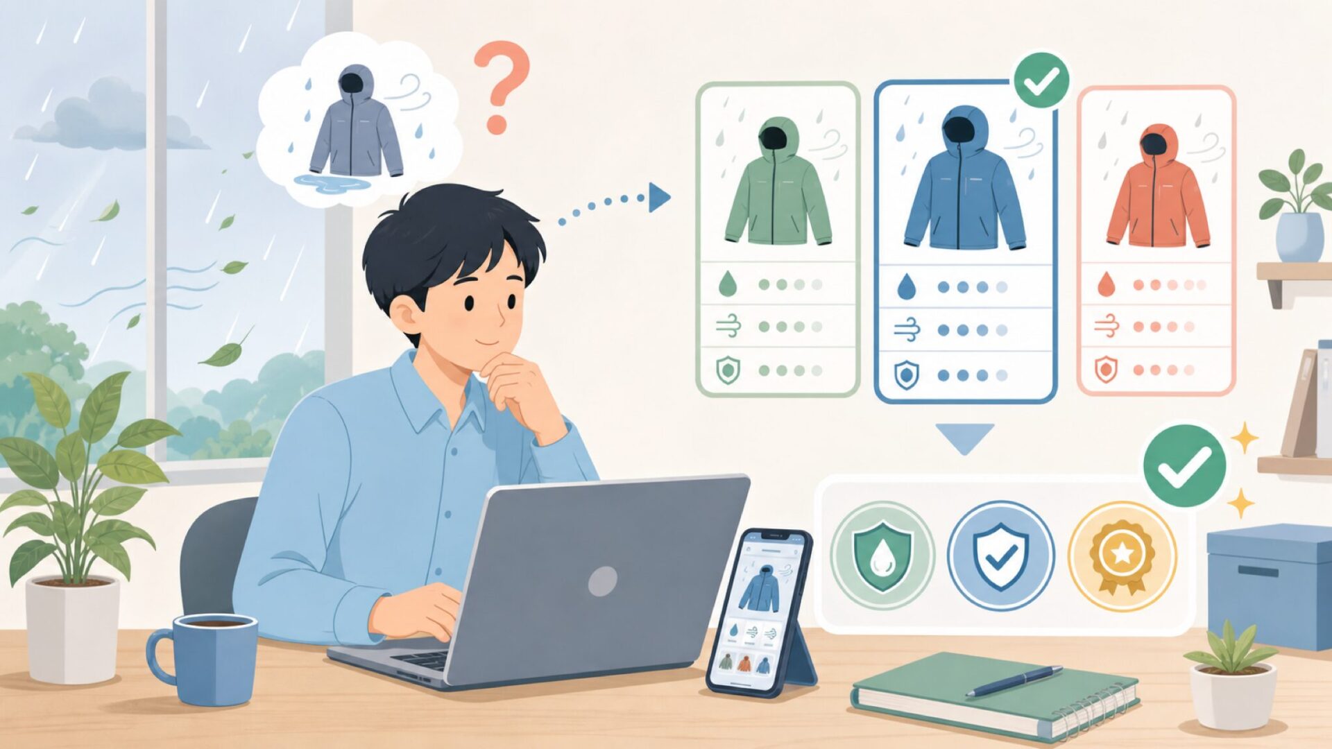 屋外で安全に使うために確認したい防水性能と認証を表すイラスト