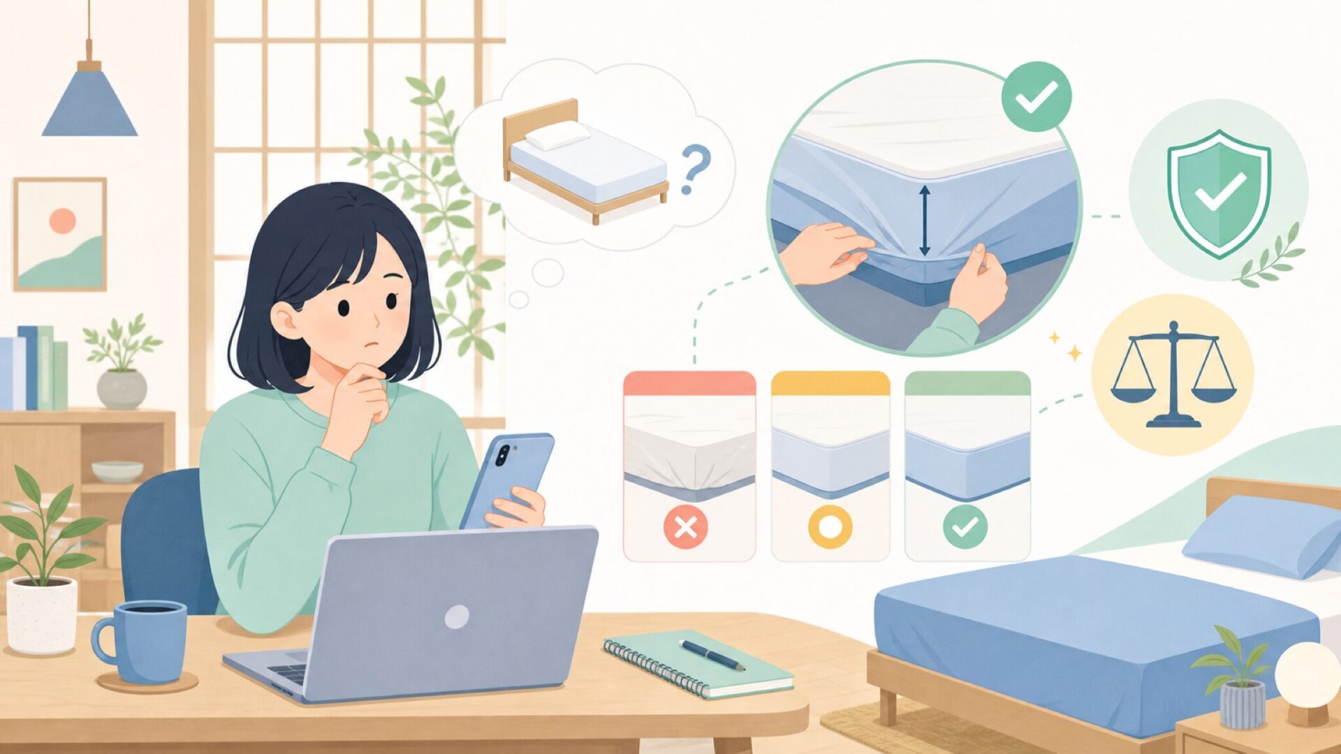 サイズ選びとボックスシーツで失敗しないコツを表すイラスト