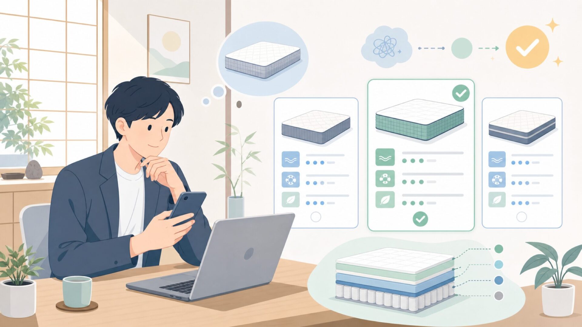 Olee Sleepマットレスの基本仕様をチェックを表すイラスト