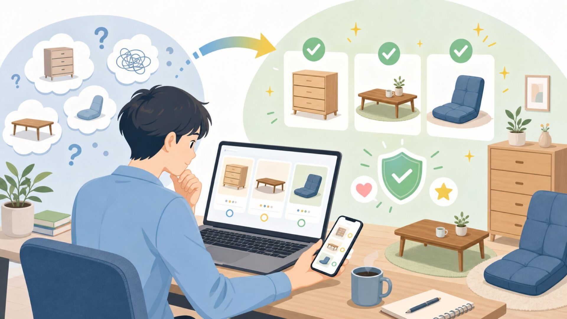 WLIVE家具の特徴と代表アイテム(チェスト・ローテーブル・座椅子)を表すイラスト