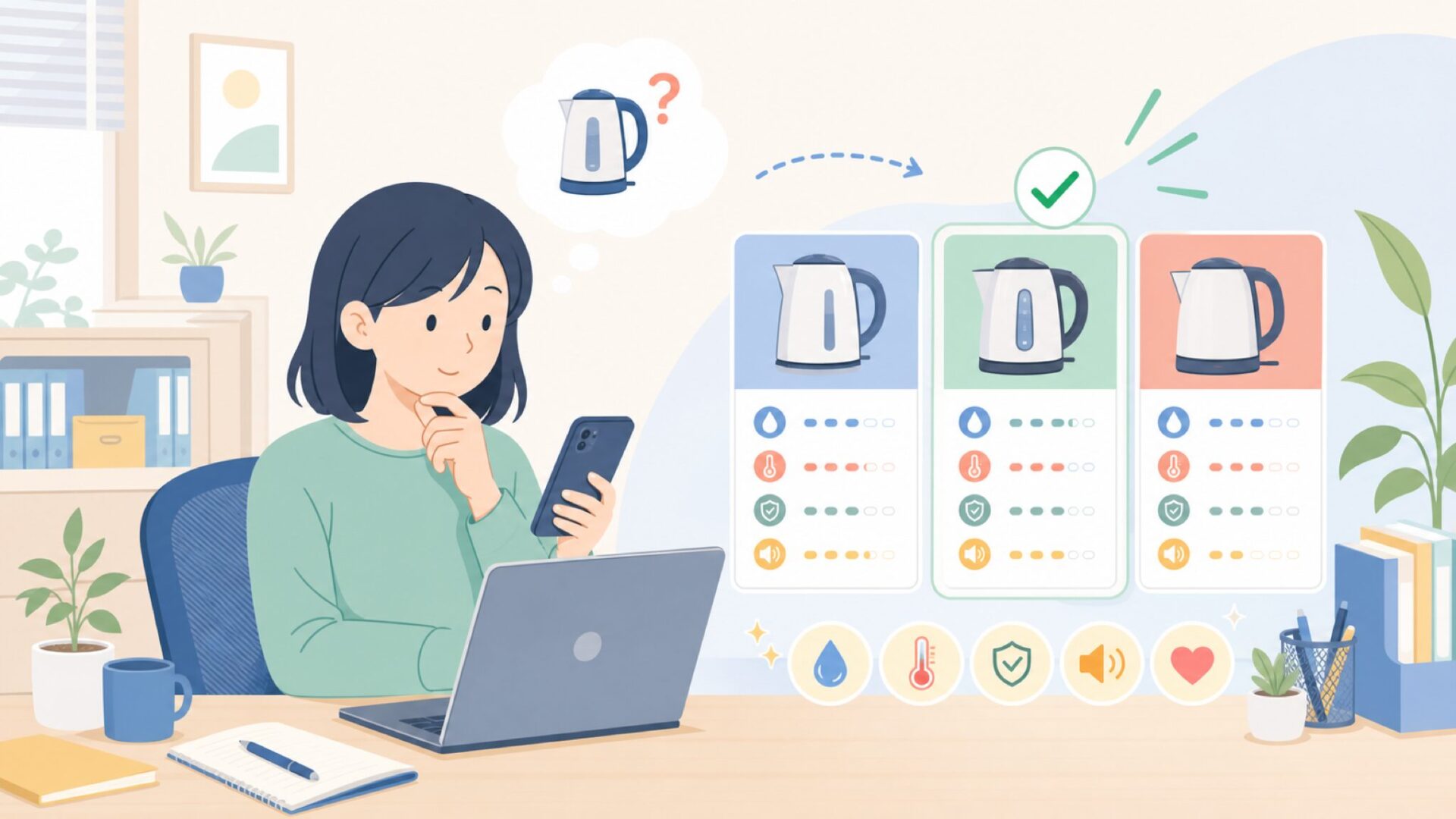 購入前に確認しておきたい電気ケトルの実用スペックを表すイラスト
