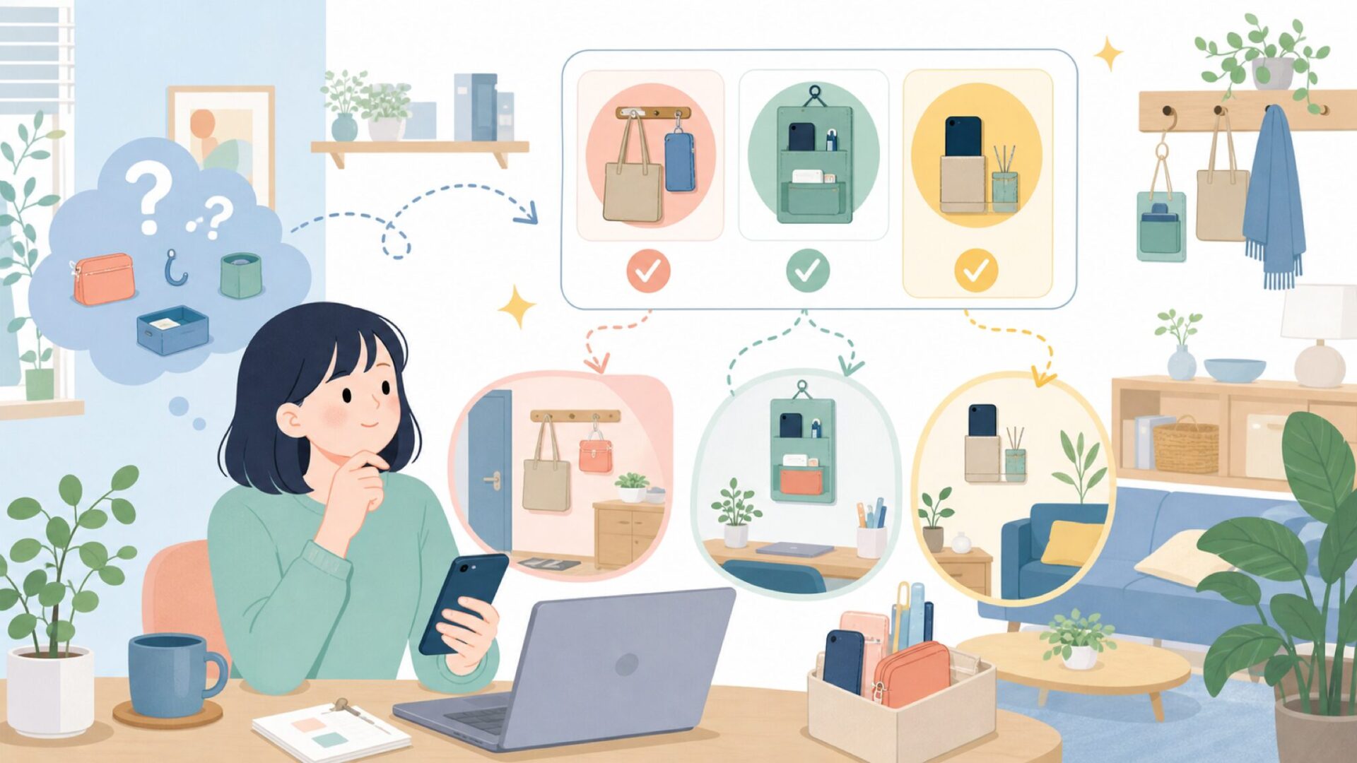 どこに置く?生活シーン別・失敗しない設置場所の選び方を表すイラスト