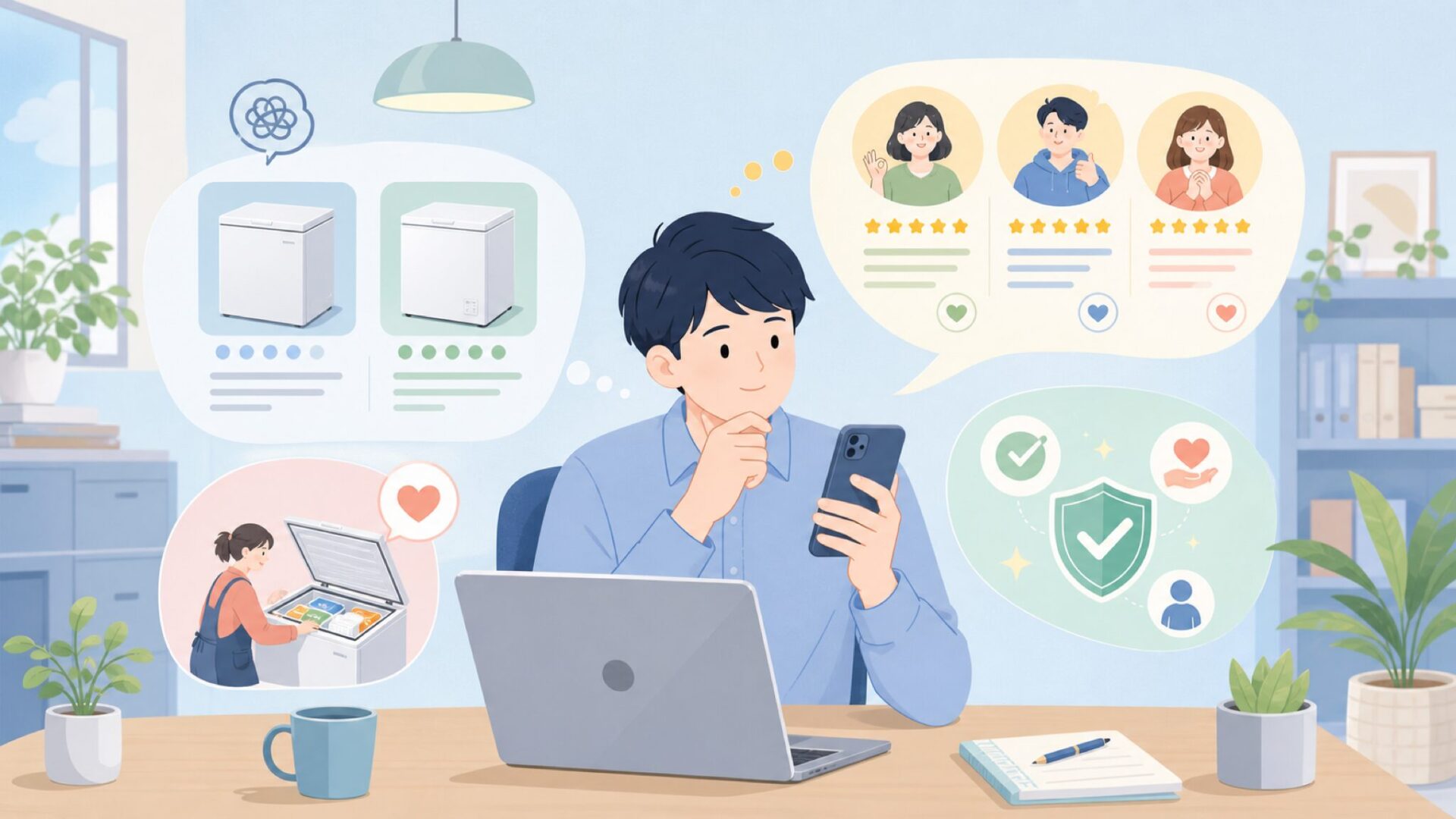 simplus冷凍庫の評判・口コミからわかるメリットを表すイラスト
