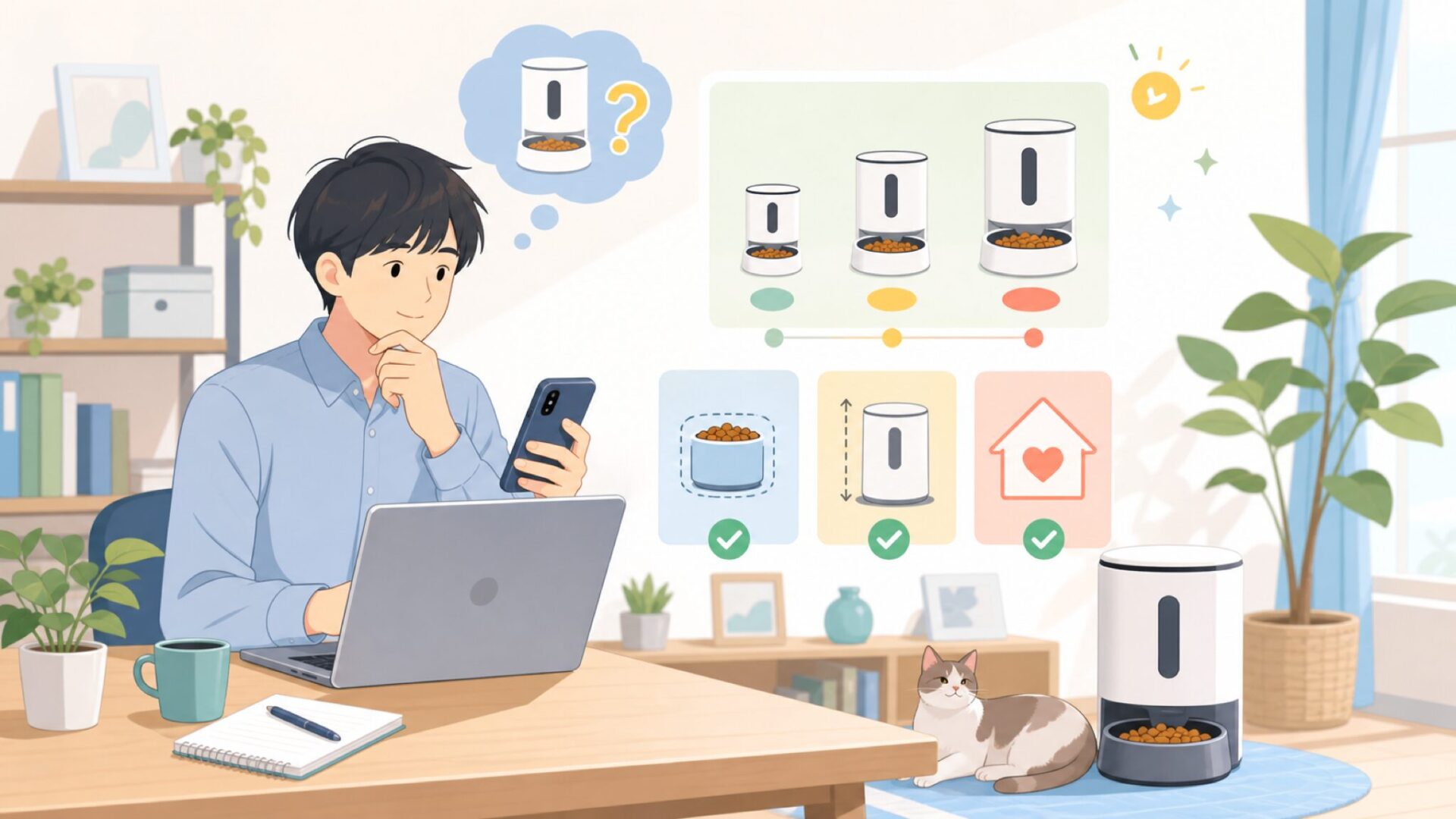 PETABOCT自動給餌器の容量・サイズは自宅に合う？を表すイラスト