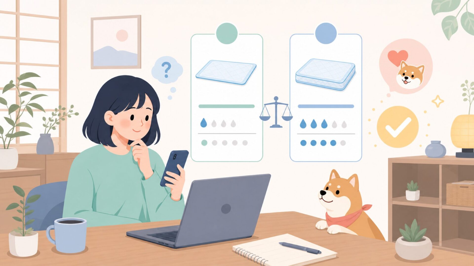 薄型と中厚型、愛犬にはどちらが向いているかを表すイラスト