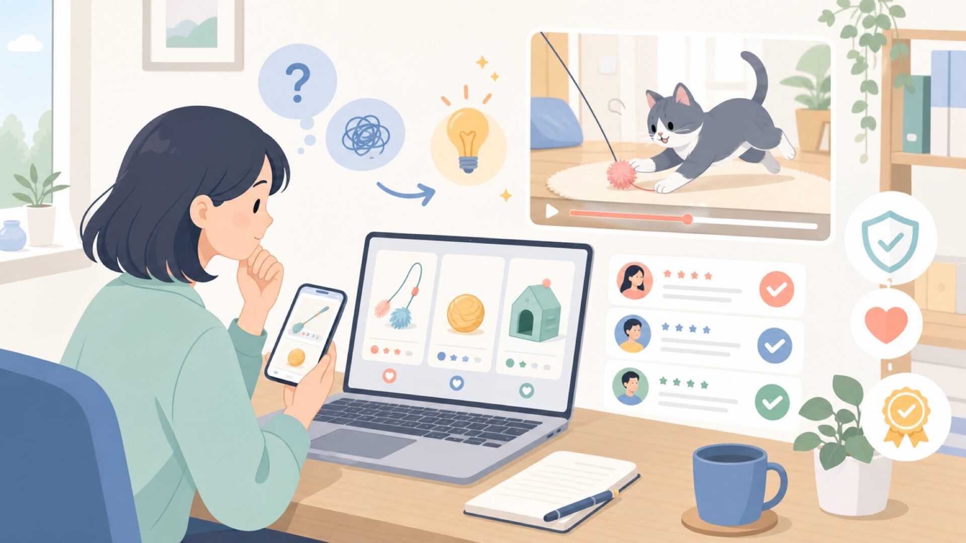 猫は本当に夢中で遊ぶ？動画・口コミで判断するポイントを表すイラスト
