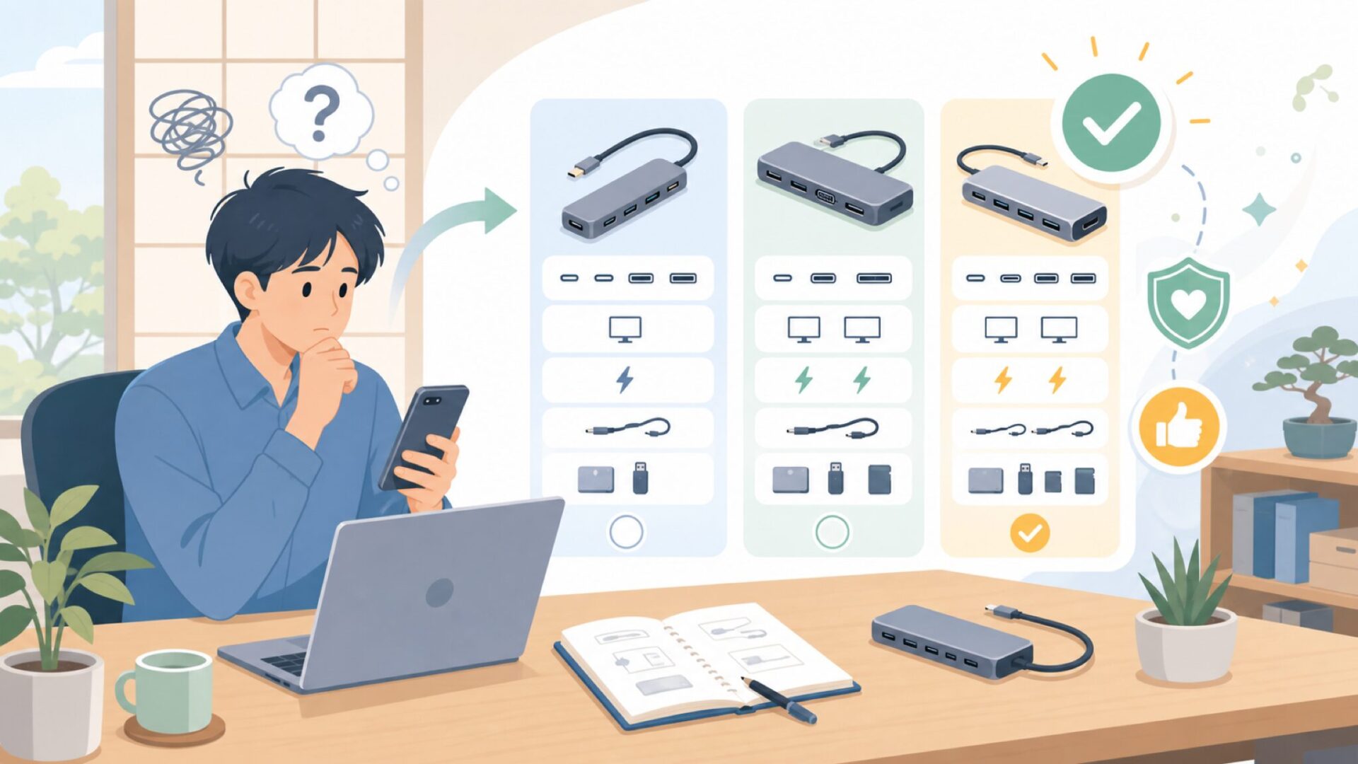 USB-Cハブ選びで確認すべきスペックを表すイラスト