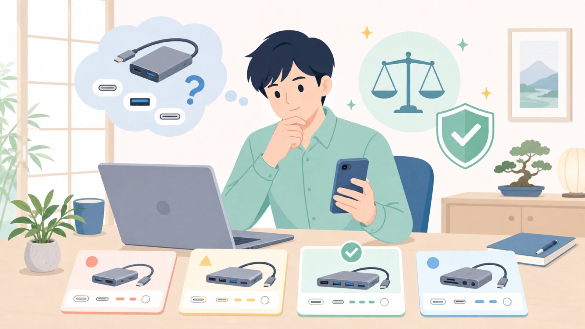 購入前に確認したいUSB-Cハブのスペック・ポート構成を表すイラスト