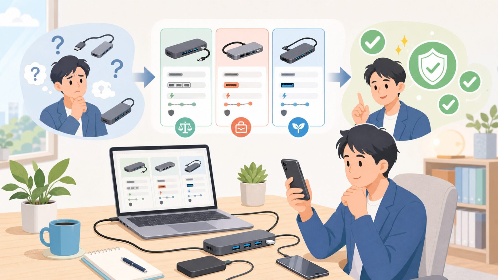 RSHTECH USBハブの仕様をチェック｜自分の用途に合うか確認を表すイラスト