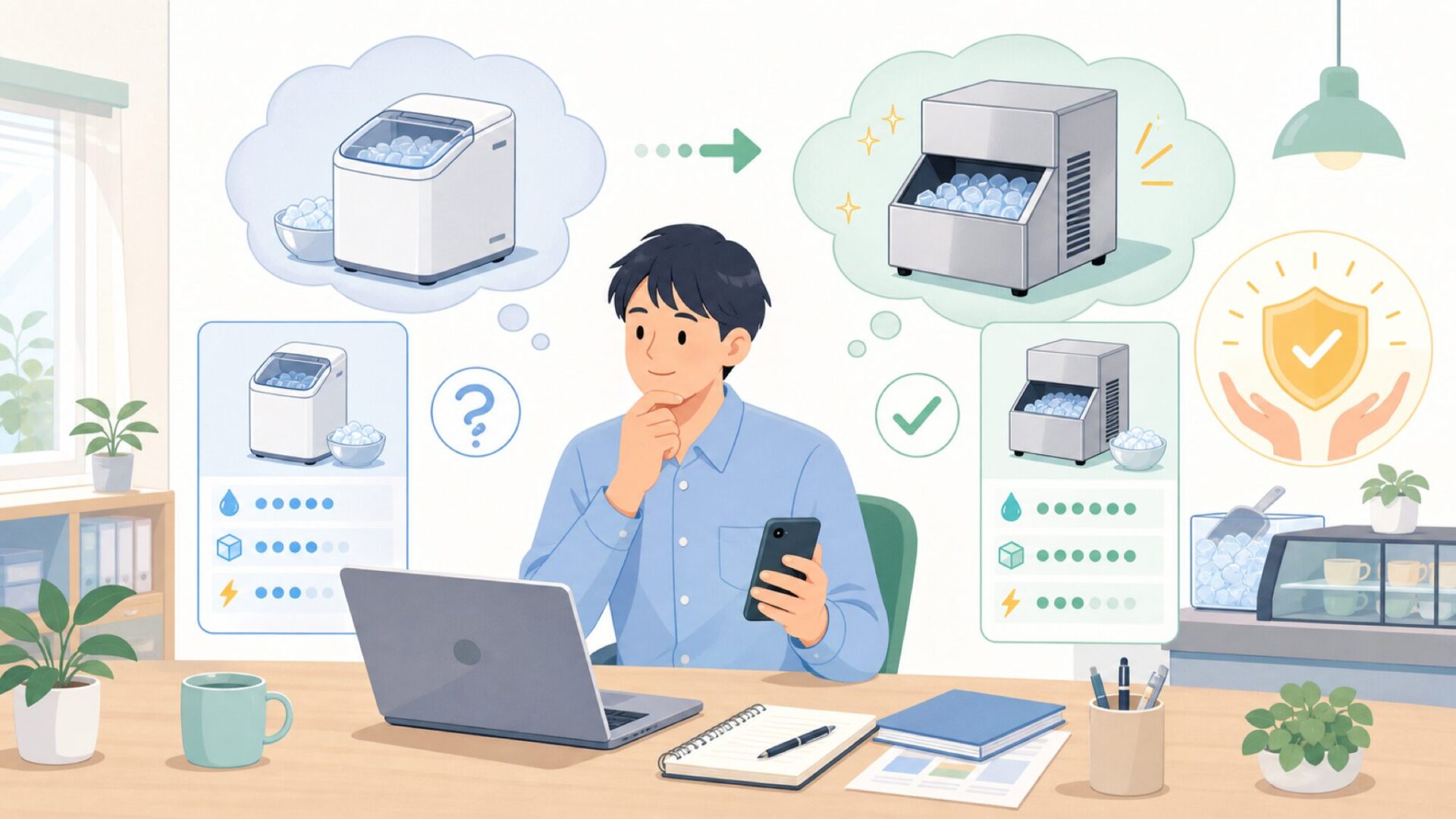 家庭用として十分か、業務用製氷機との違いから考えるを表すイラスト