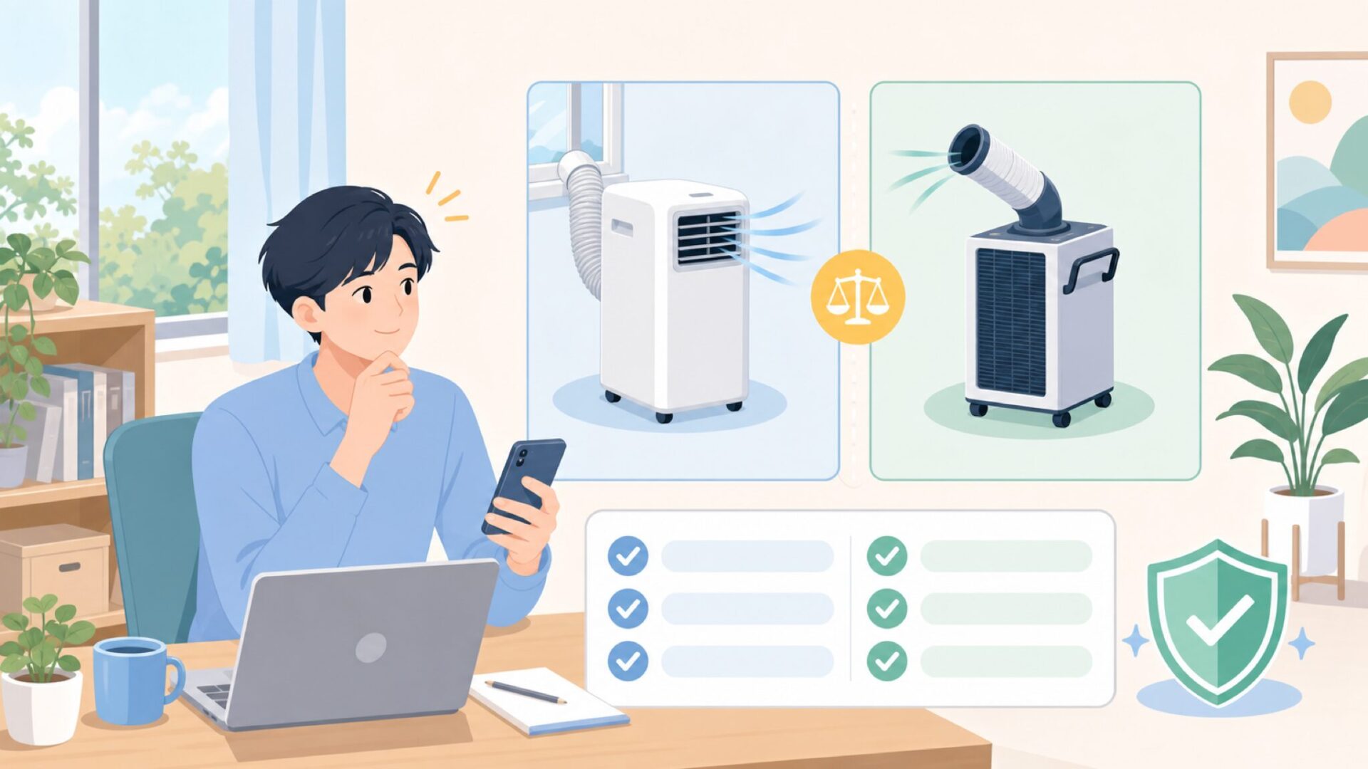 ポータブルエアコンとスポットクーラーの違いを表すイラスト