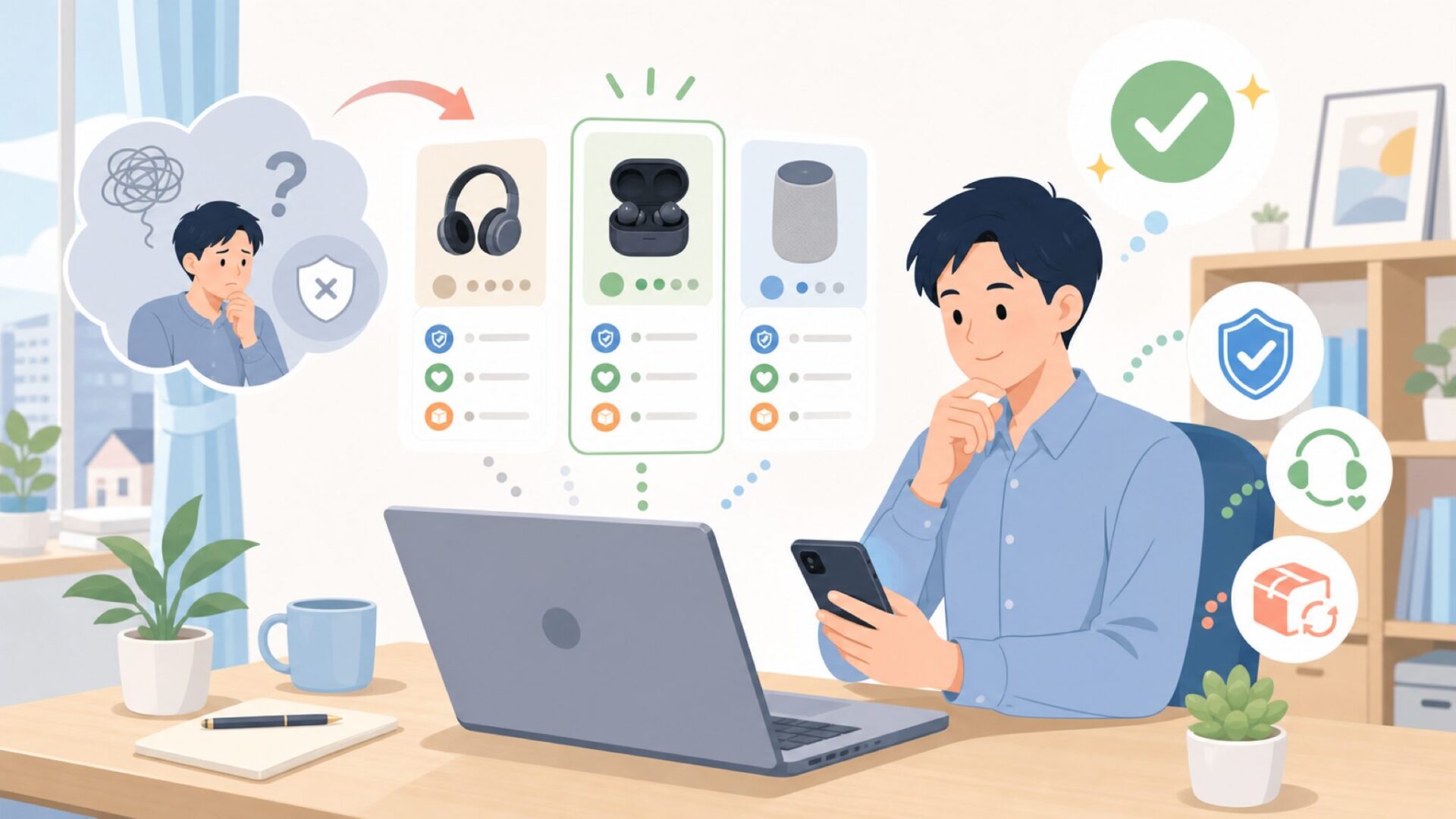 日本で安心して購入できるのか、確認すべきポイントを表すイラスト