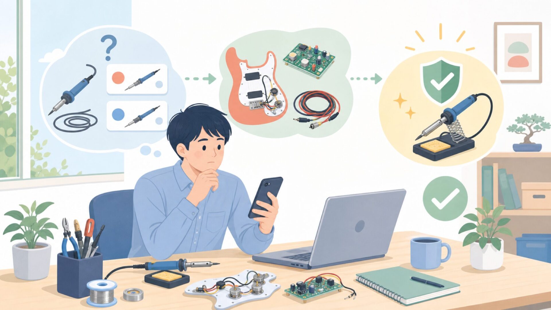 安いはんだごてでギター配線や電子工作はできる？初心者の不安ポイントを表すイラスト