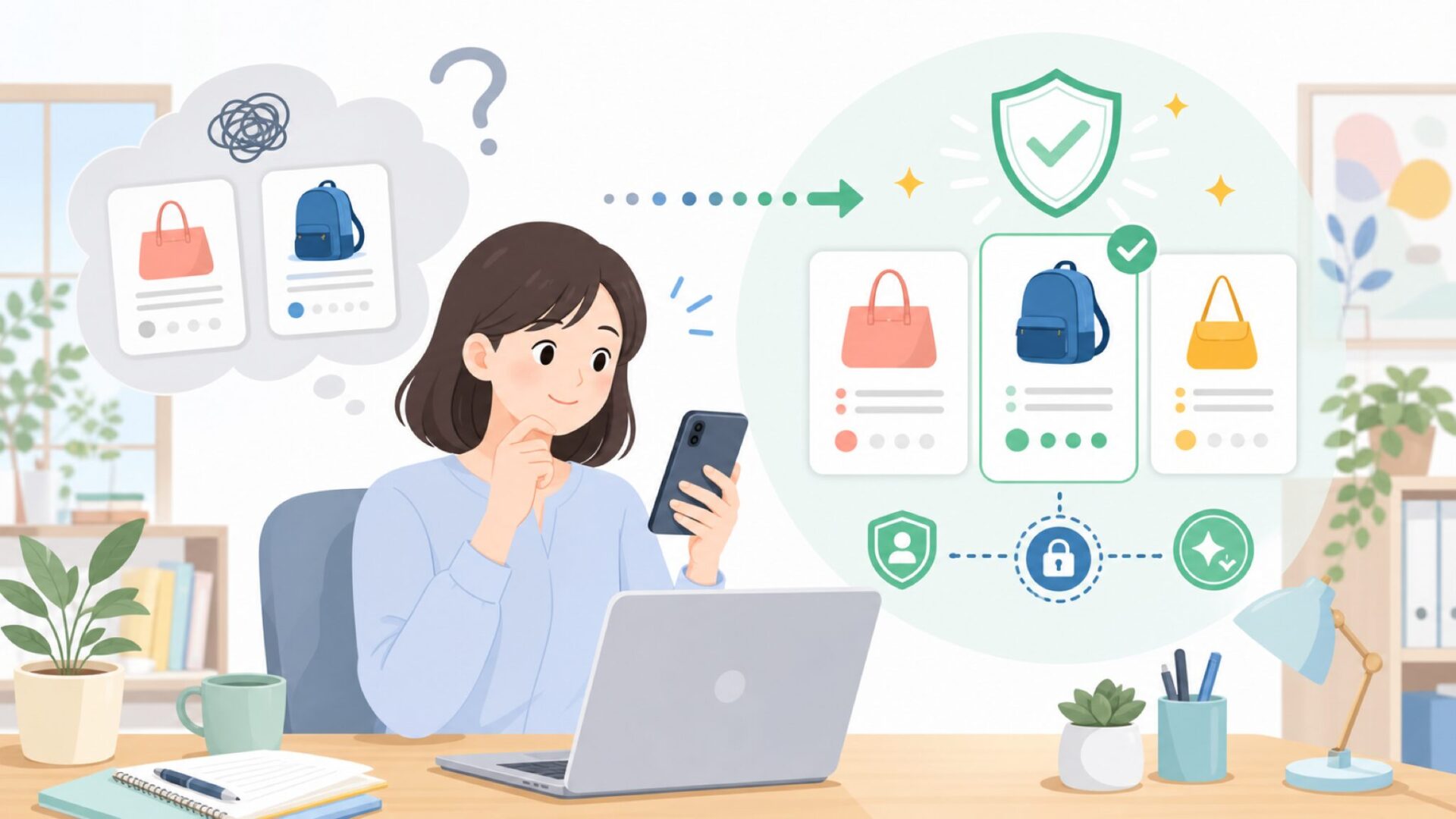 Packlyxを安心して選べるか?信頼性と安全性の見極め方を表すイラスト