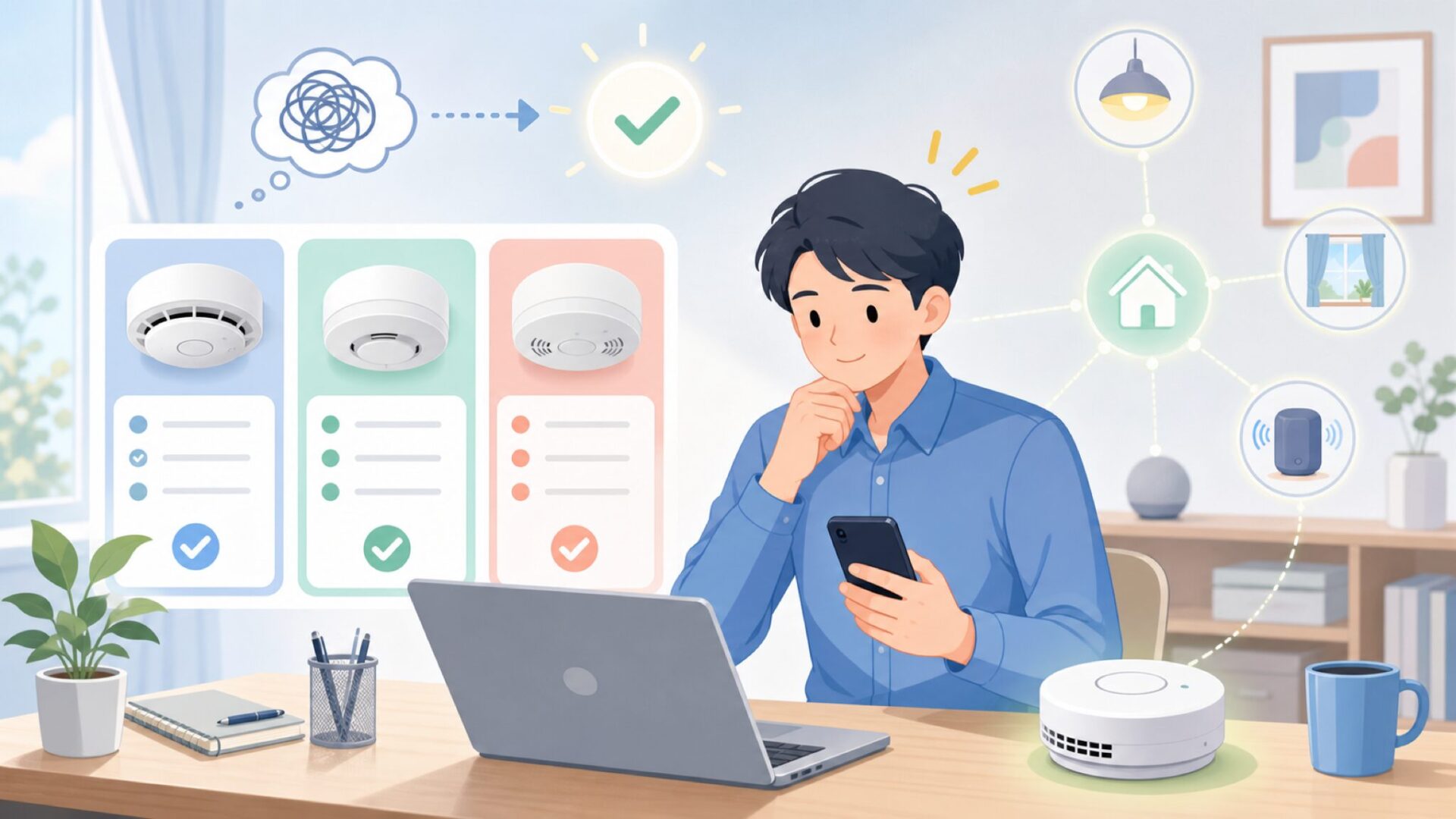 SimpliSafe煙感知器の製品特徴とスマートホーム連携を表すイラスト