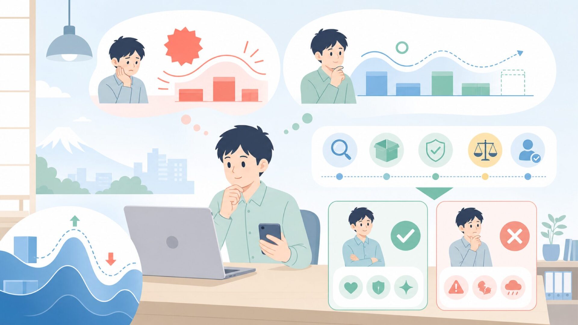 価格が安い理由と、買ってよい人・避けたい人の条件を表すイラスト