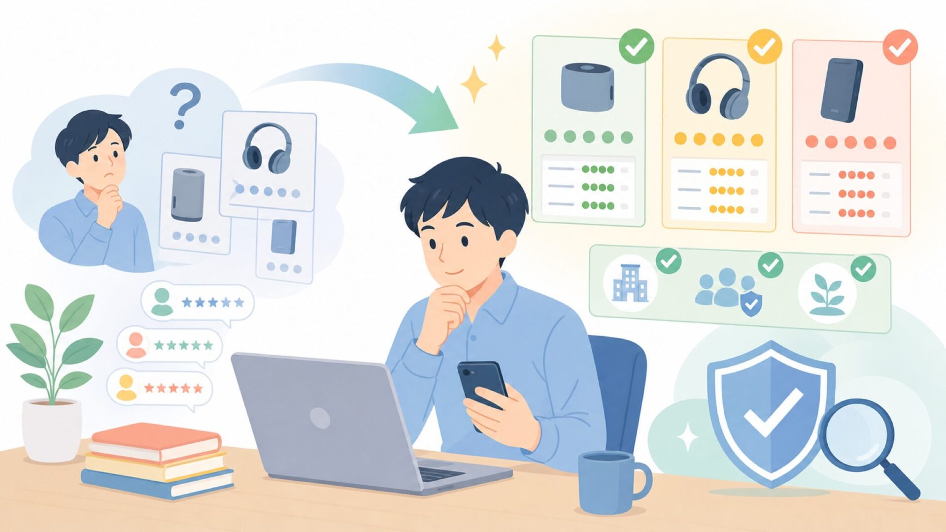 購入前にチェックしたい会社情報・レビューの見方を表すイラスト