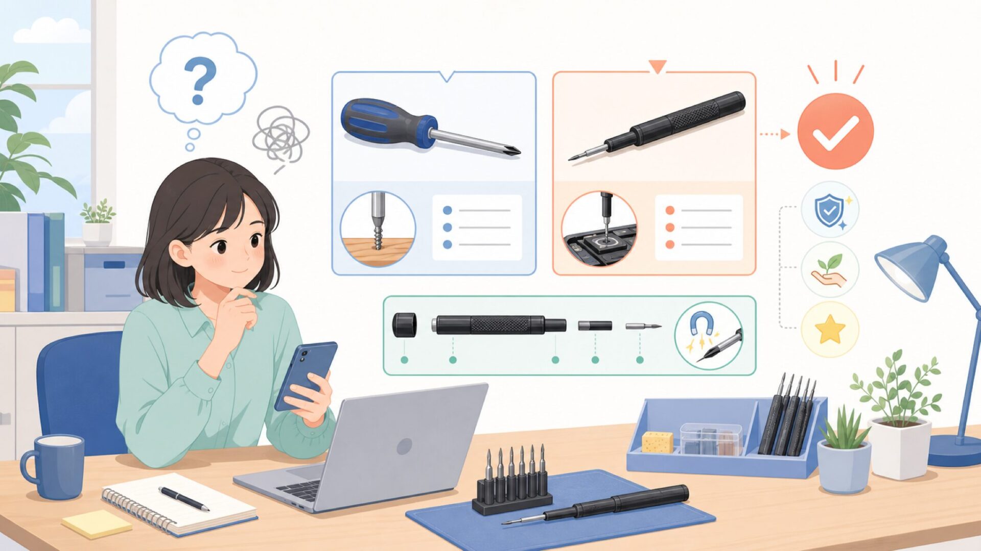 精密ドライバーとは？基本構造と選ぶときの基礎知識を表すイラスト