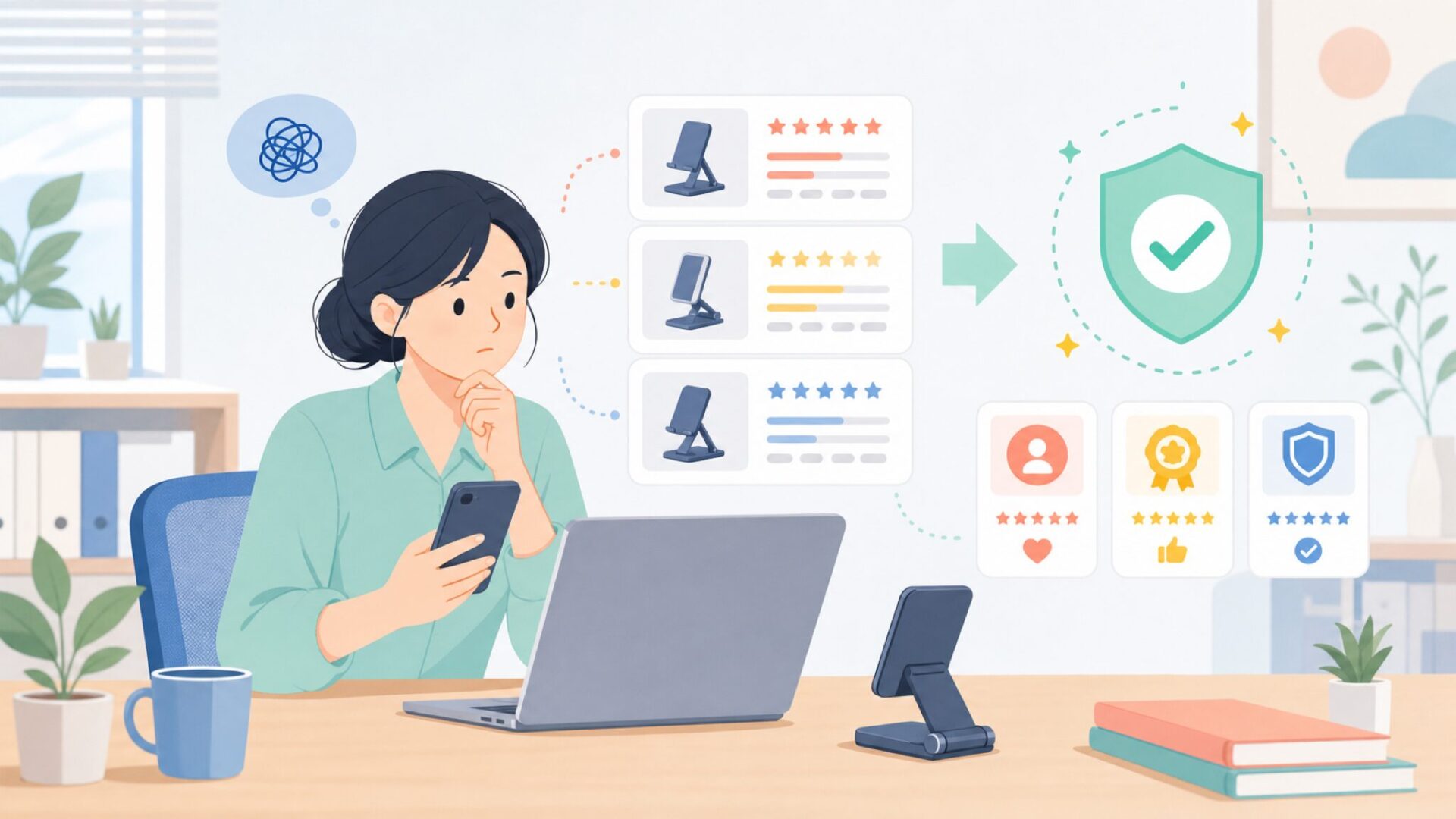 Lomicallのスマホスタンドの評判は信用できる?レビューの読み解き方を表すイラスト