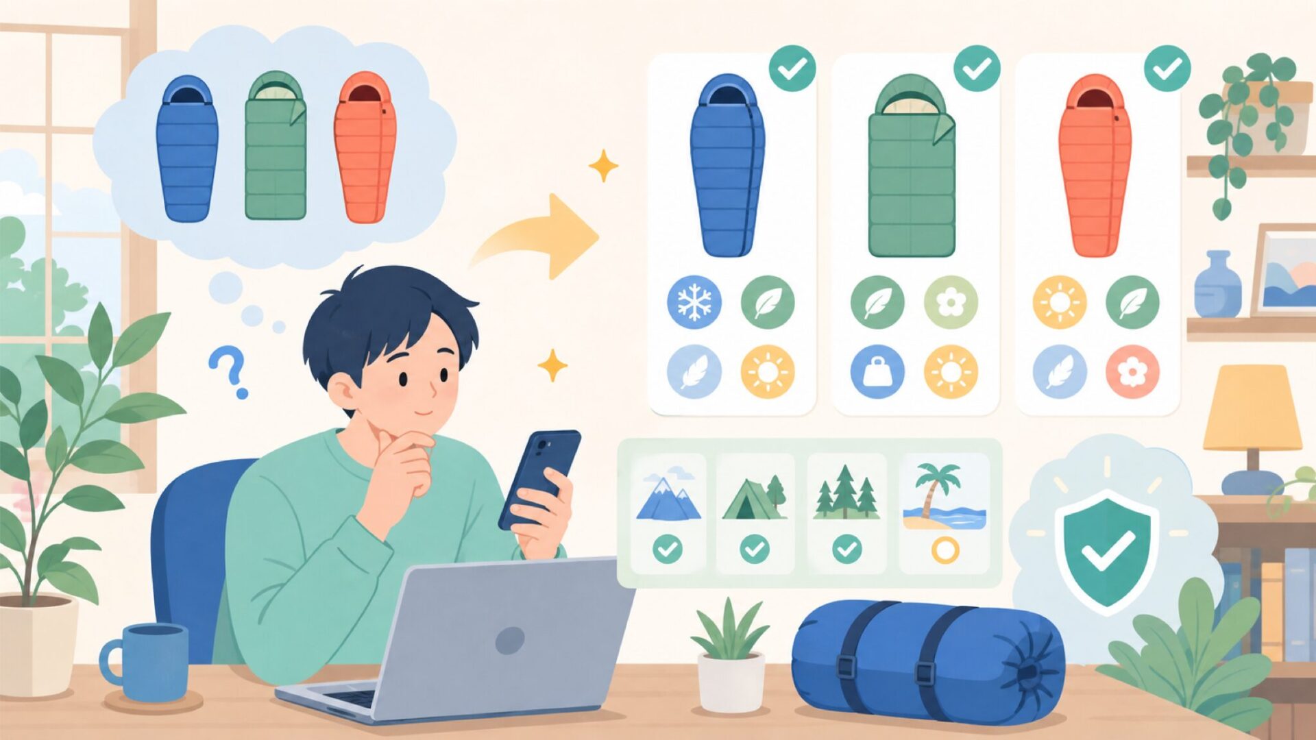 寝袋(シュラフ)の基礎知識で失敗しない選び方を表すイラスト