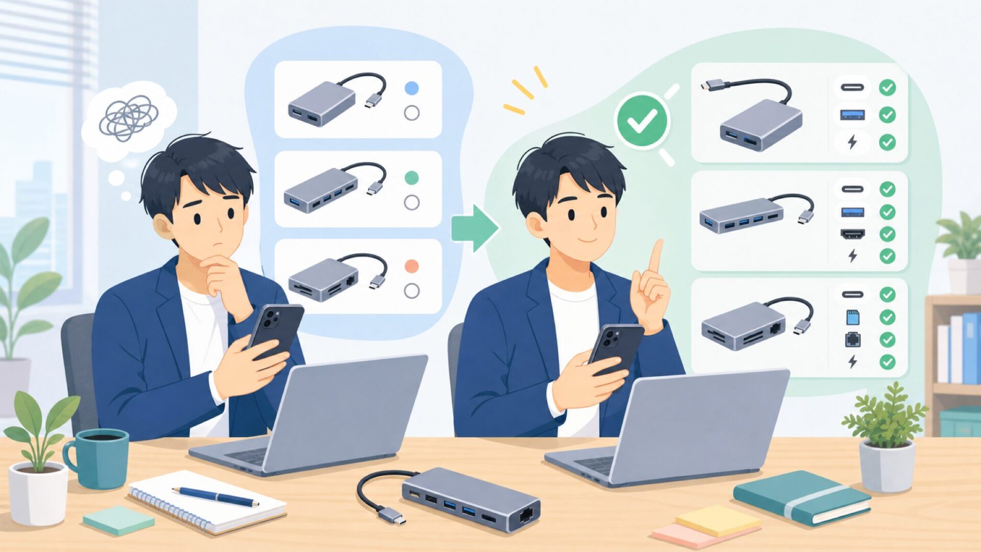 購入前に確認したいNEWQ USB-Cハブの仕様ポイントを表すイラスト