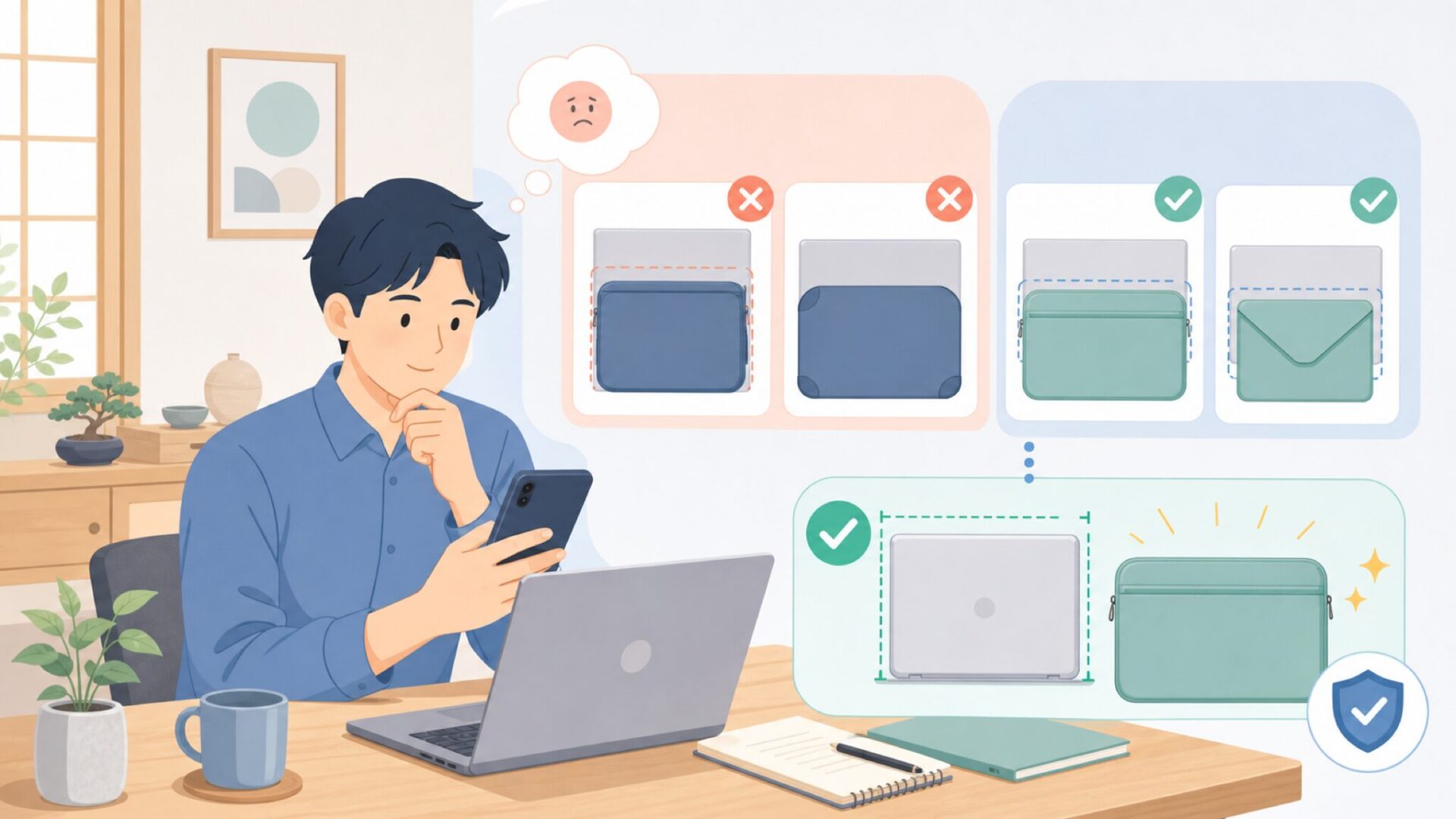自分のノートPCに合うサイズ・形状の選び方を表すイラスト