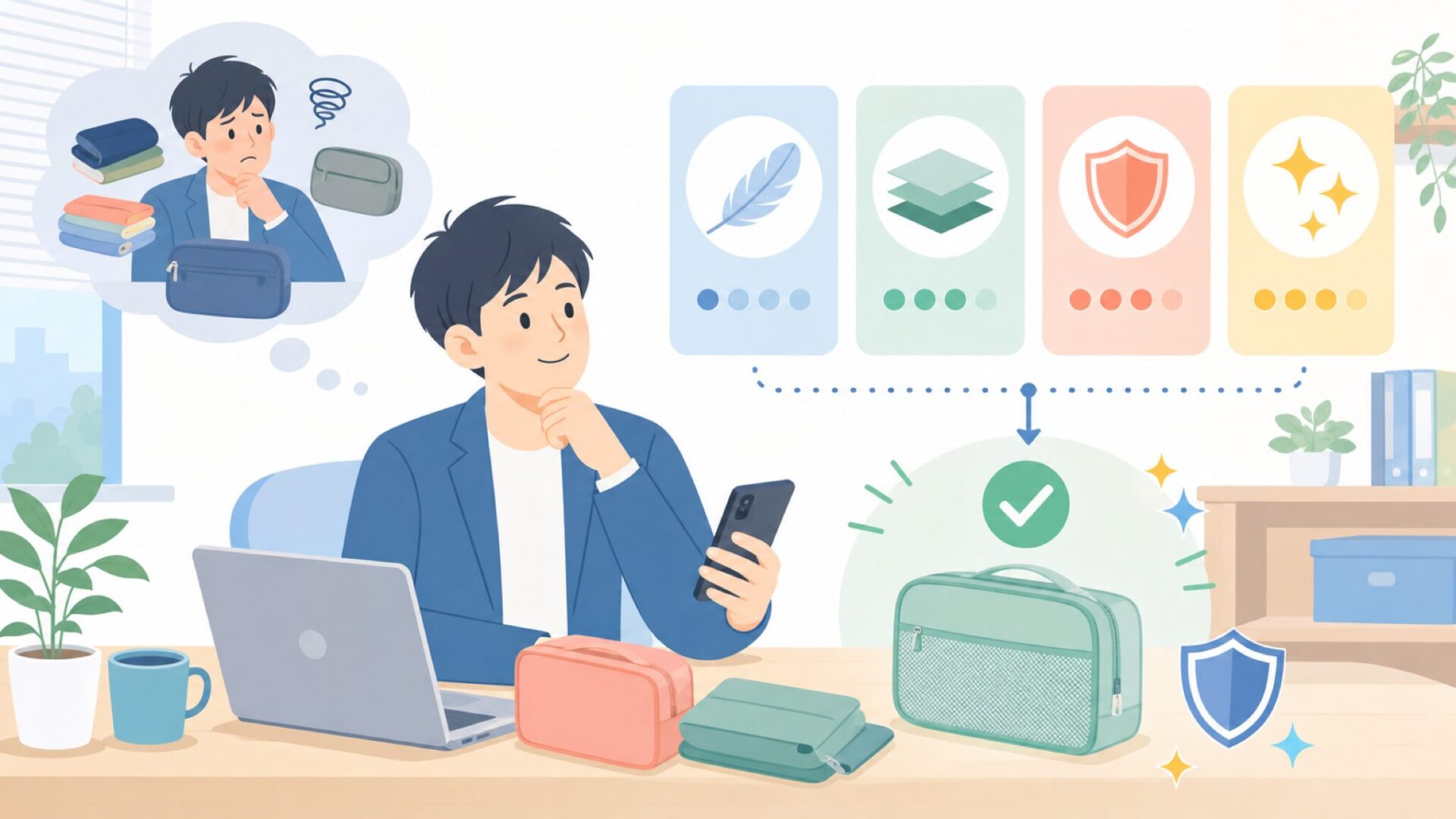 旅行用圧縮袋を選ぶ前に考えたい4つの視点を表すイラスト