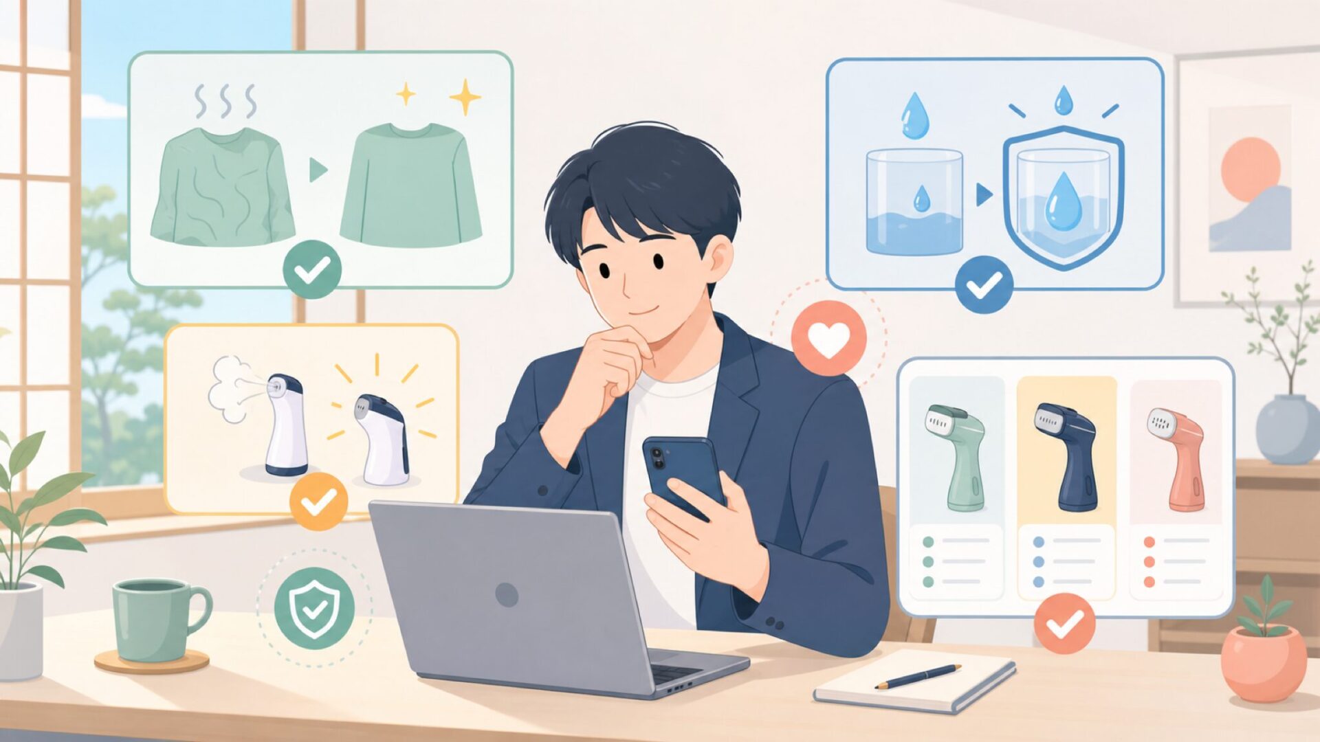 実際の使い勝手は?シワ伸ばし・立ち上がり・水漏れの心配を表すイラスト