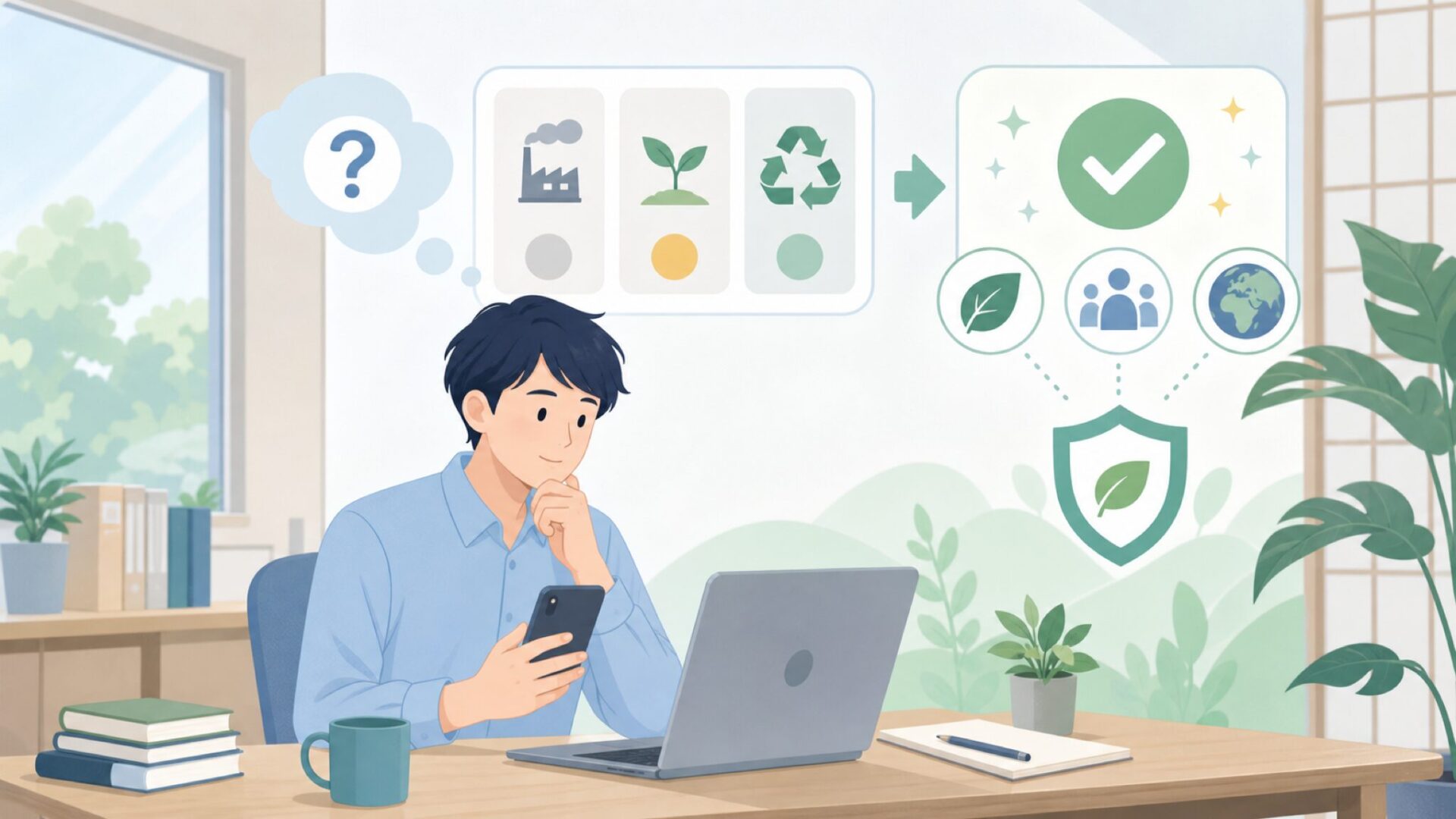 「FILL THE CHANGE」——環境配慮は本物か？を表すイラスト