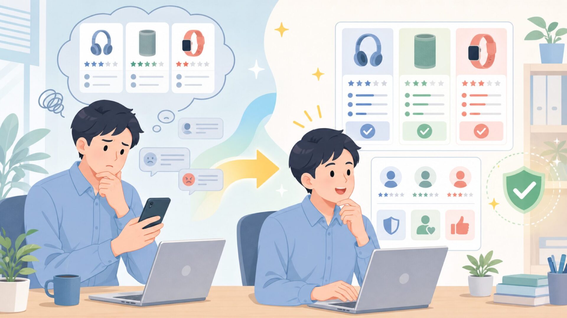購入前に確認したい評判・レビューの見方を表すイラスト