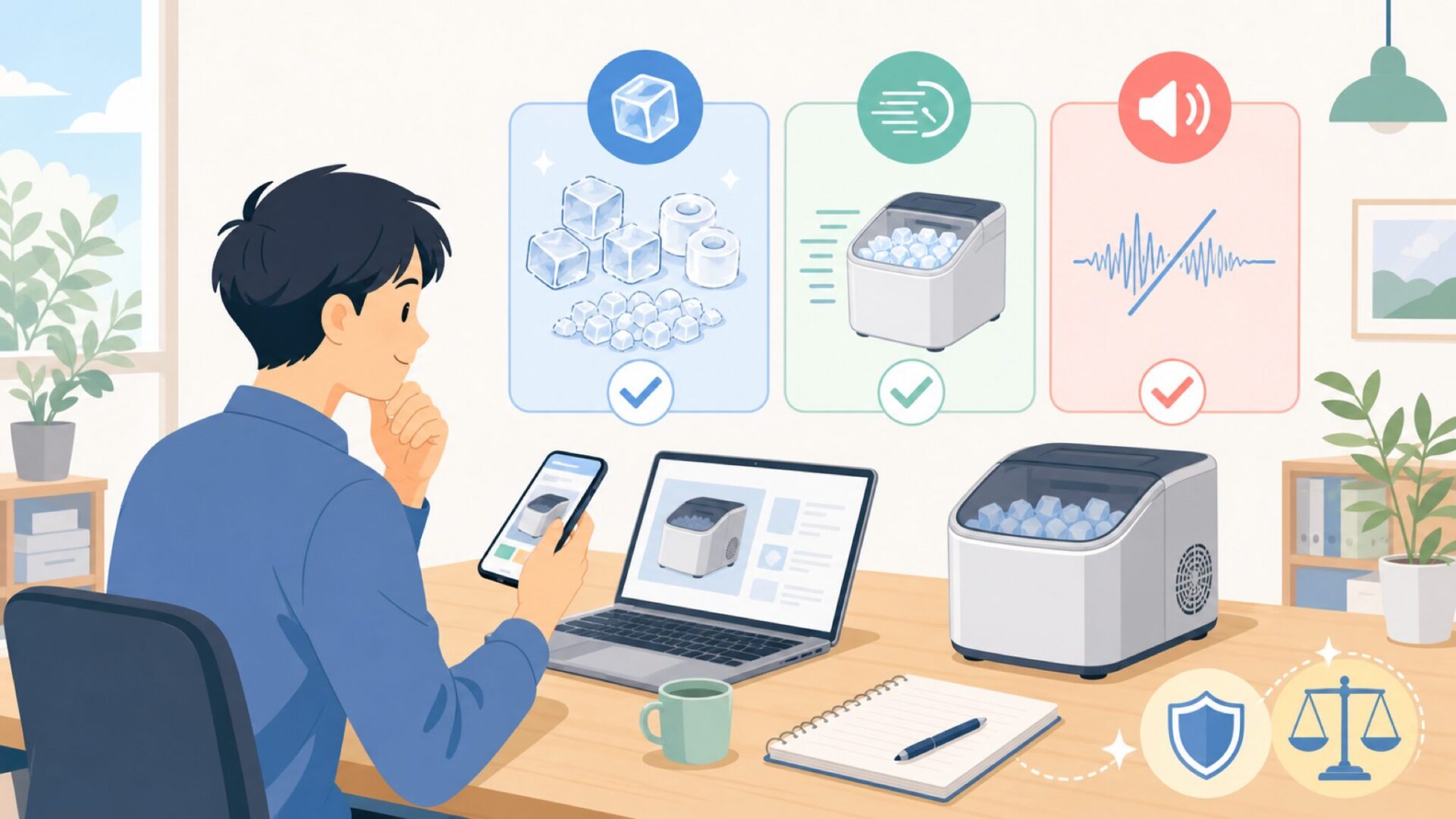Kismile製氷機の性能をチェック(氷の種類・スピード・音)を表すイラスト