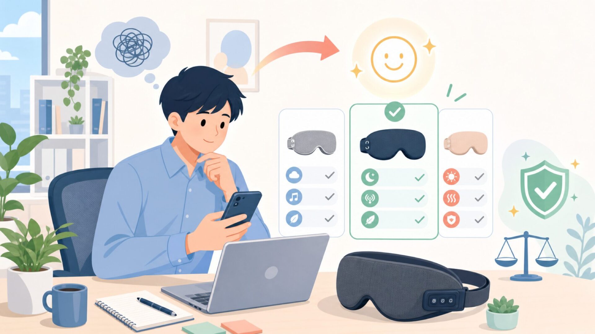 LC001 Bluetoothアイマスクの機能と使い心地を表すイラスト