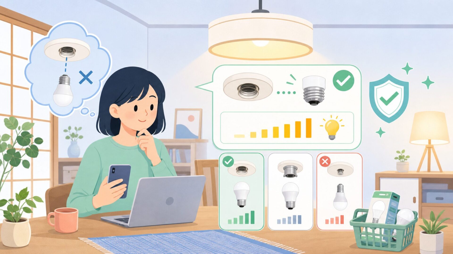 自宅の口金・ワット数に合うLED電球の選び方を表すイラスト