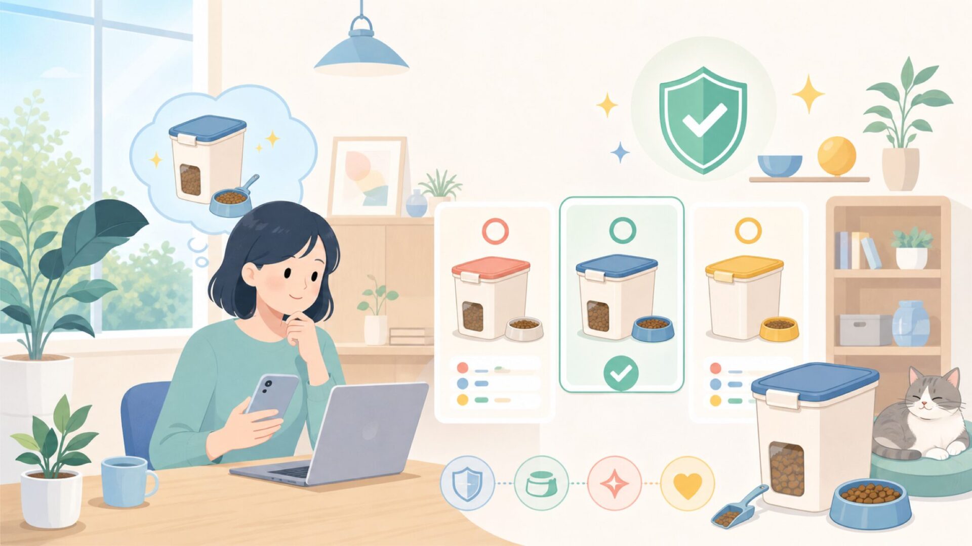 Curverのペット用品——キャットフードストッカーが選ばれる理由を表すイラスト