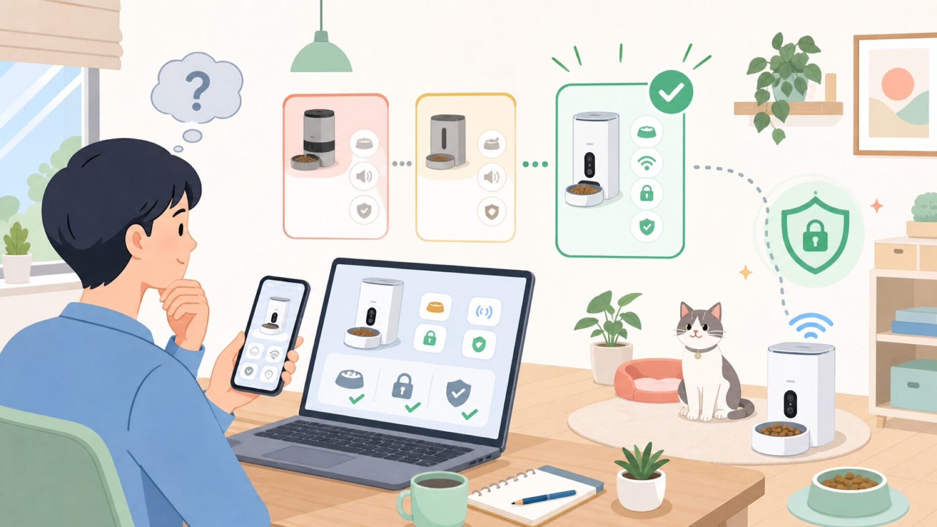 PETGEEK 自動給餌器の機能と安全面をチェックを表すイラスト