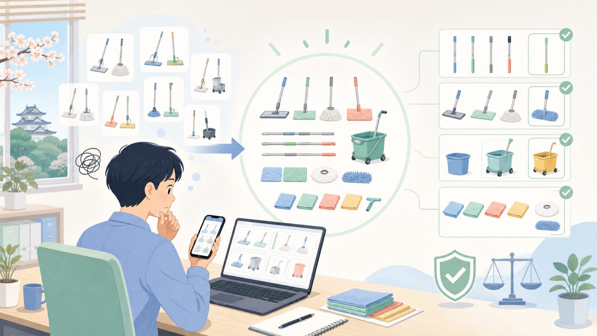 SWEPシステムに見るモップ・清掃道具の実力を表すイラスト